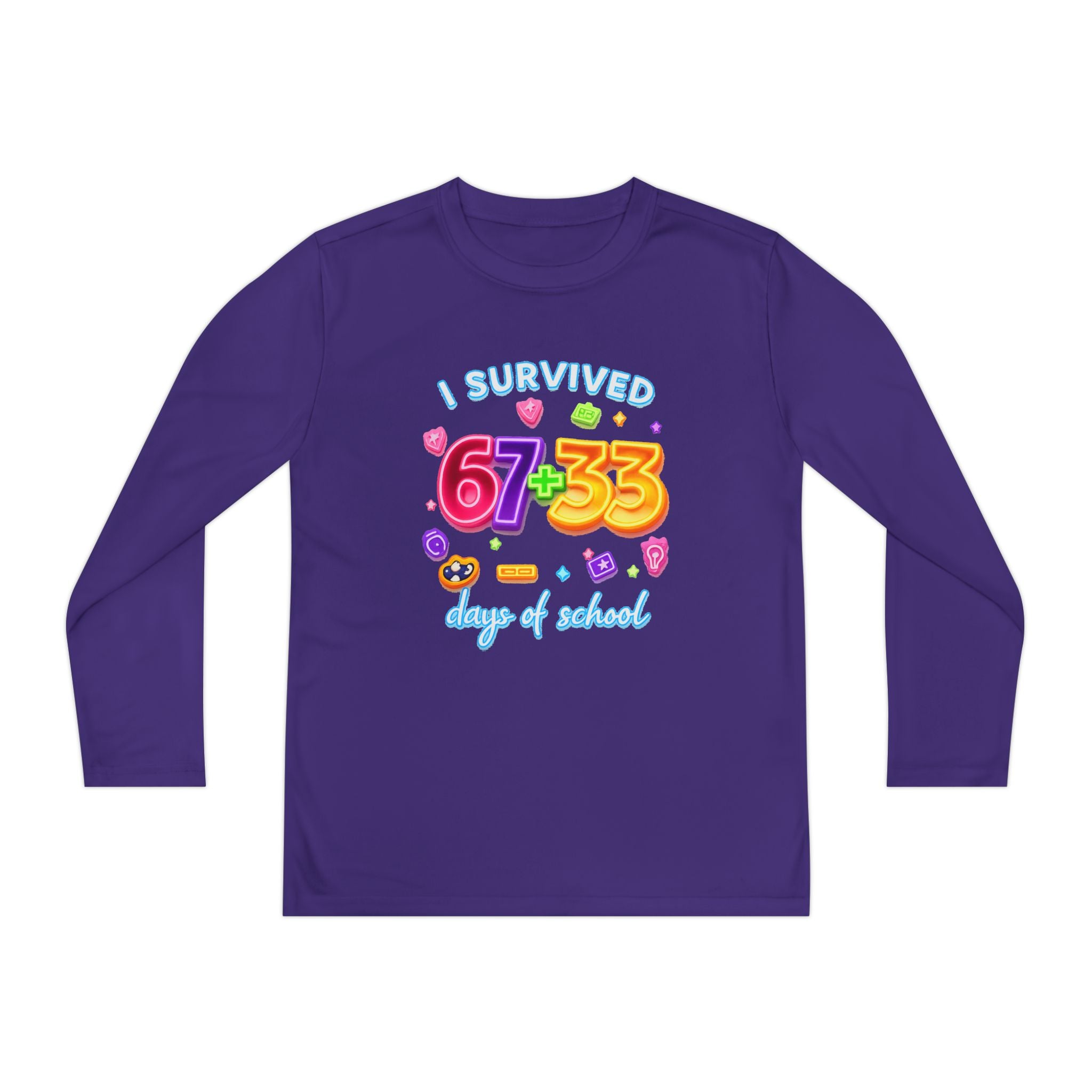 Youth Long Sleeve Tee — "I Survived 67+33 Days of School" Colorful Celebration Shirt