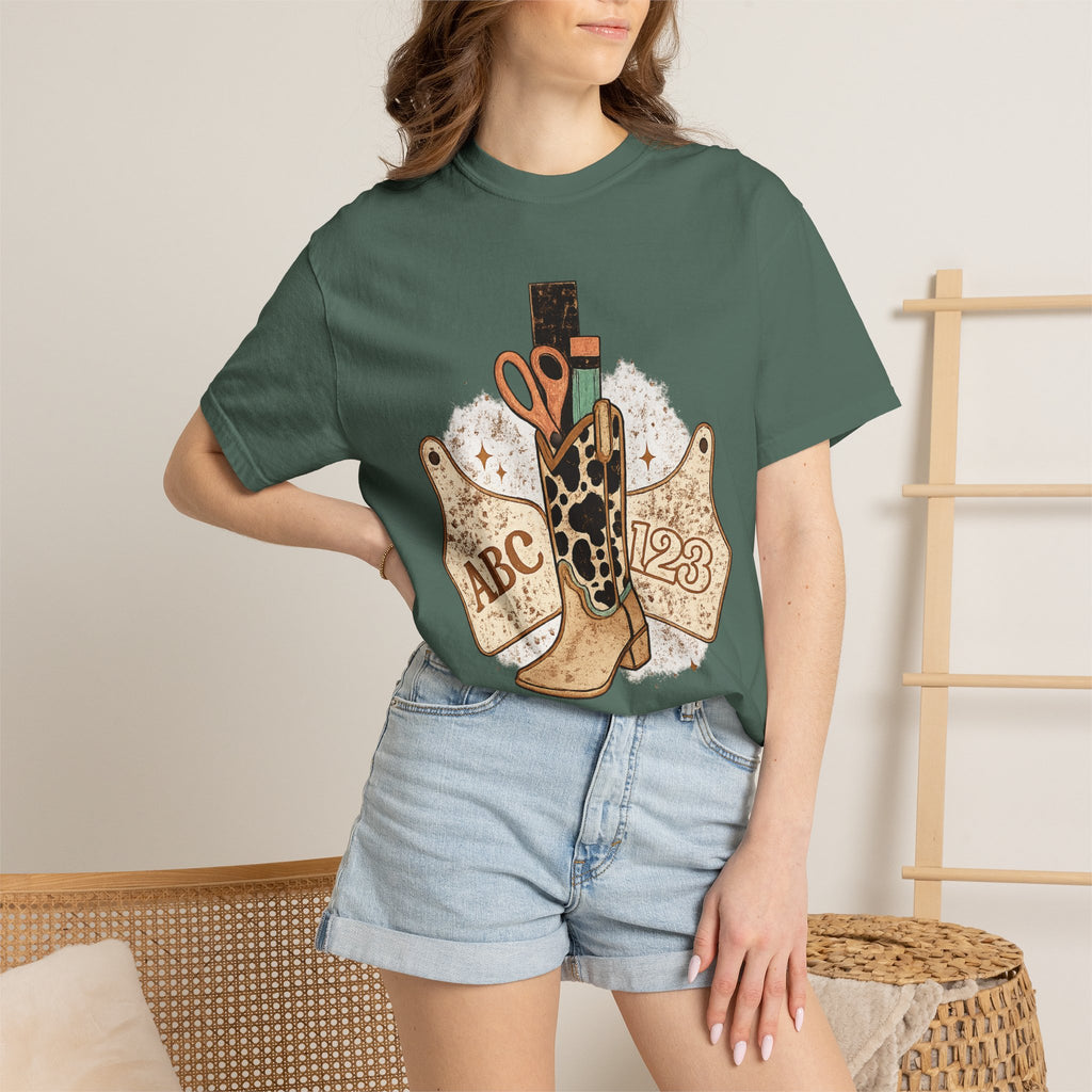 Teacher Cowgirl Boot T-Shirt – ABC 123 Classroom Scissors Design