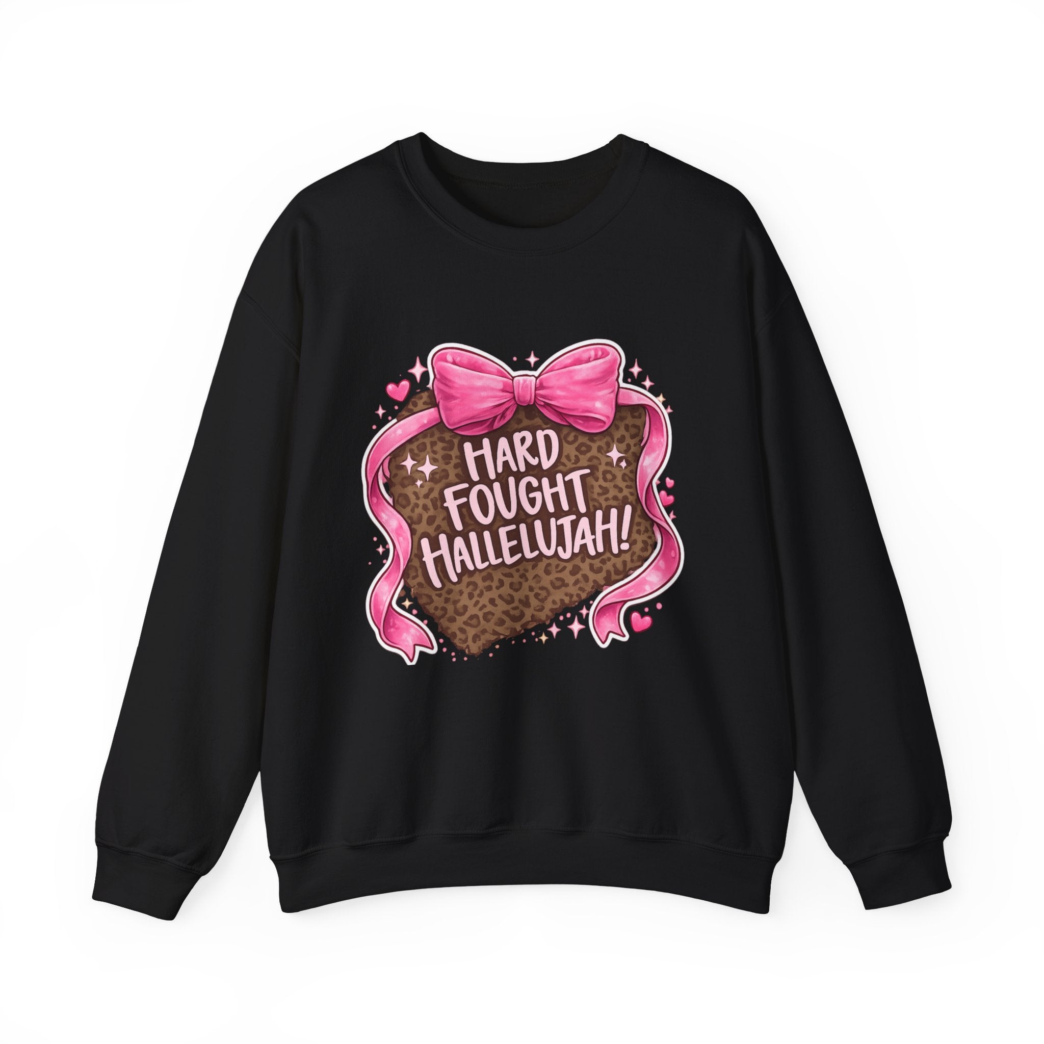 Crewneck Sweatshirt — "Hard Fought Hallelujah" Heart Graphic (Pink Bow, Leopard Print)