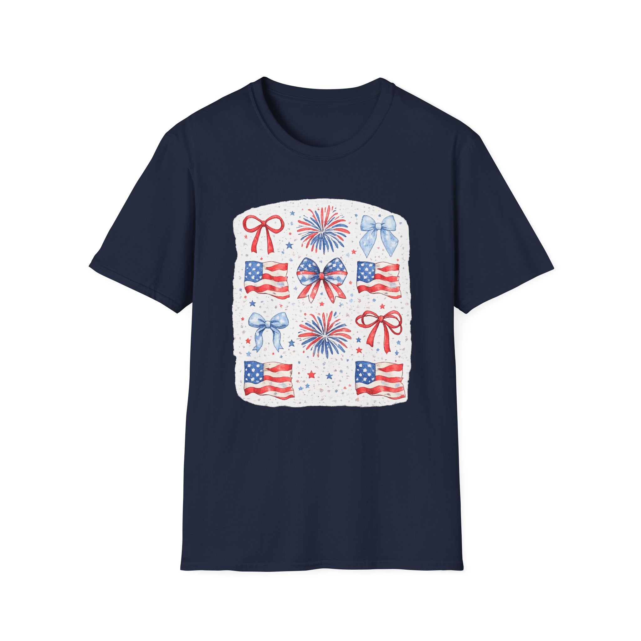 Patriotic 4th of July T-Shirt — USA Flag Bows & Fireworks Design