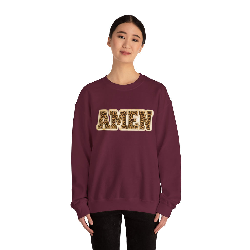 Crewneck Sweatshirt — 'AMEN' Leopard-Print Graphic
