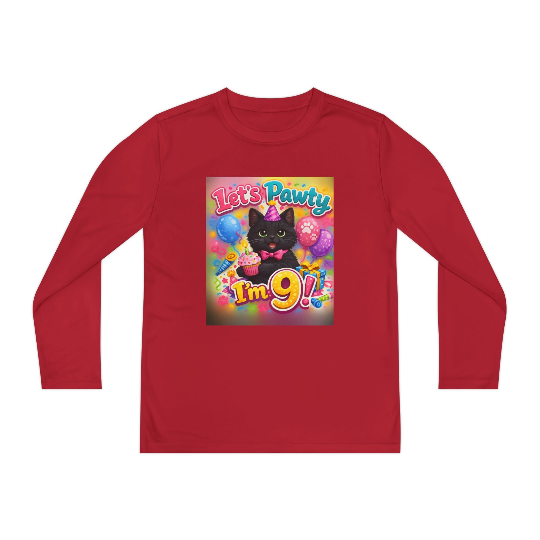 Kids' 9th Birthday Long Sleeve Tee — "Let's Pawty I'm 9!" Cat Birthday Shirt