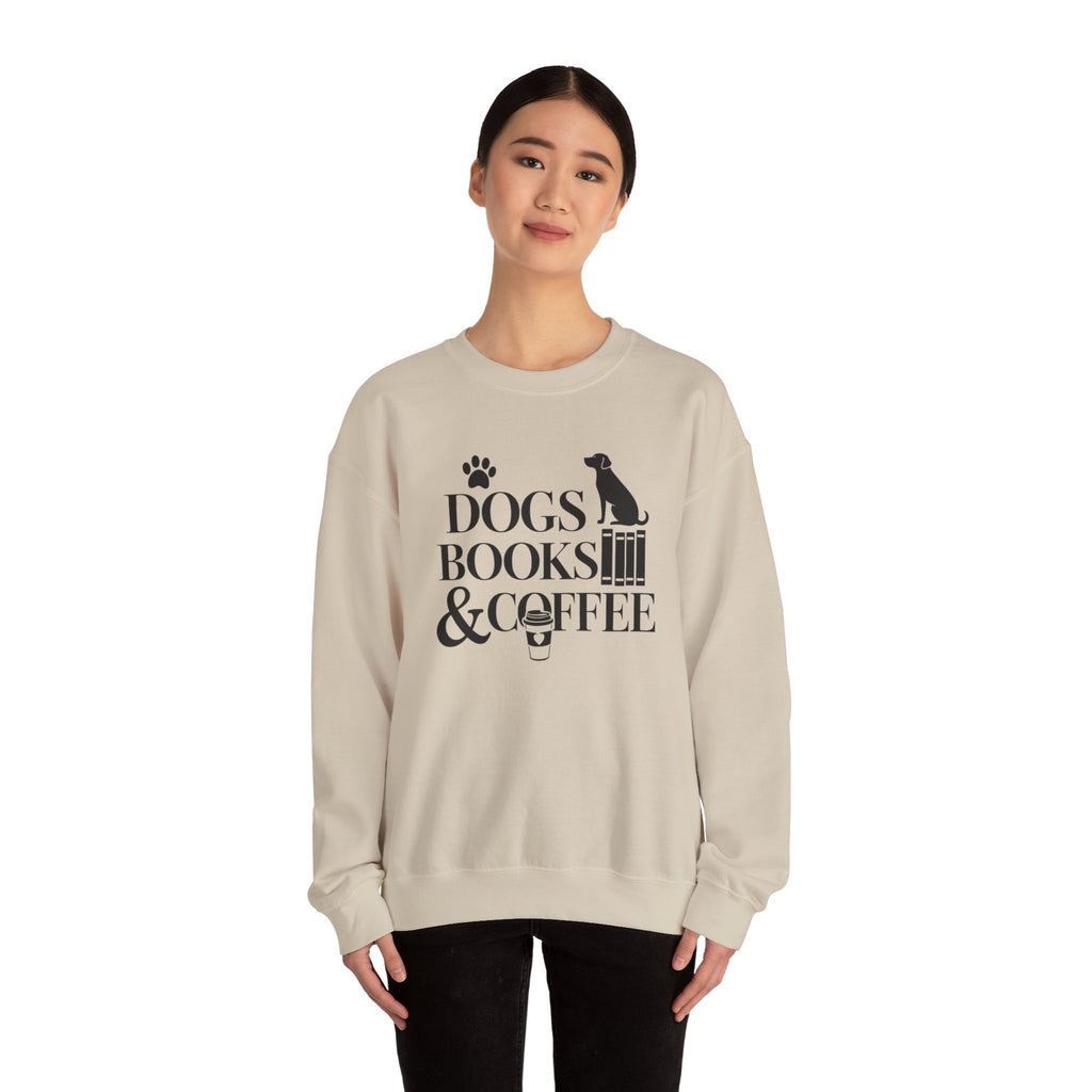 Dogs, Books & Coffee Crewneck Sweatshirt — Cozy Reading & Pet Lover Pullover