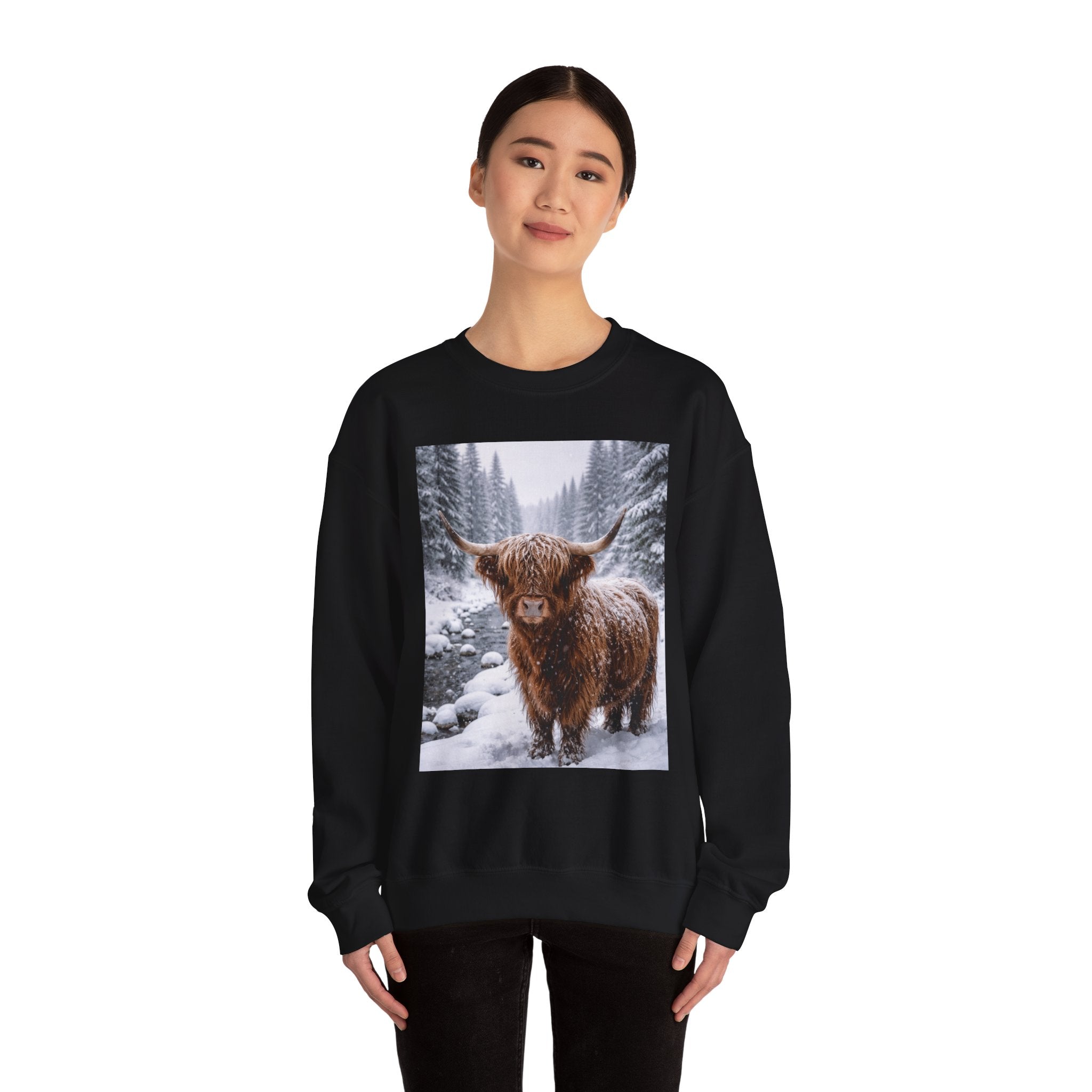 Highland Cow in Snow Crewneck Sweatshirt - Cozy Winter Forest Highlander Graphic