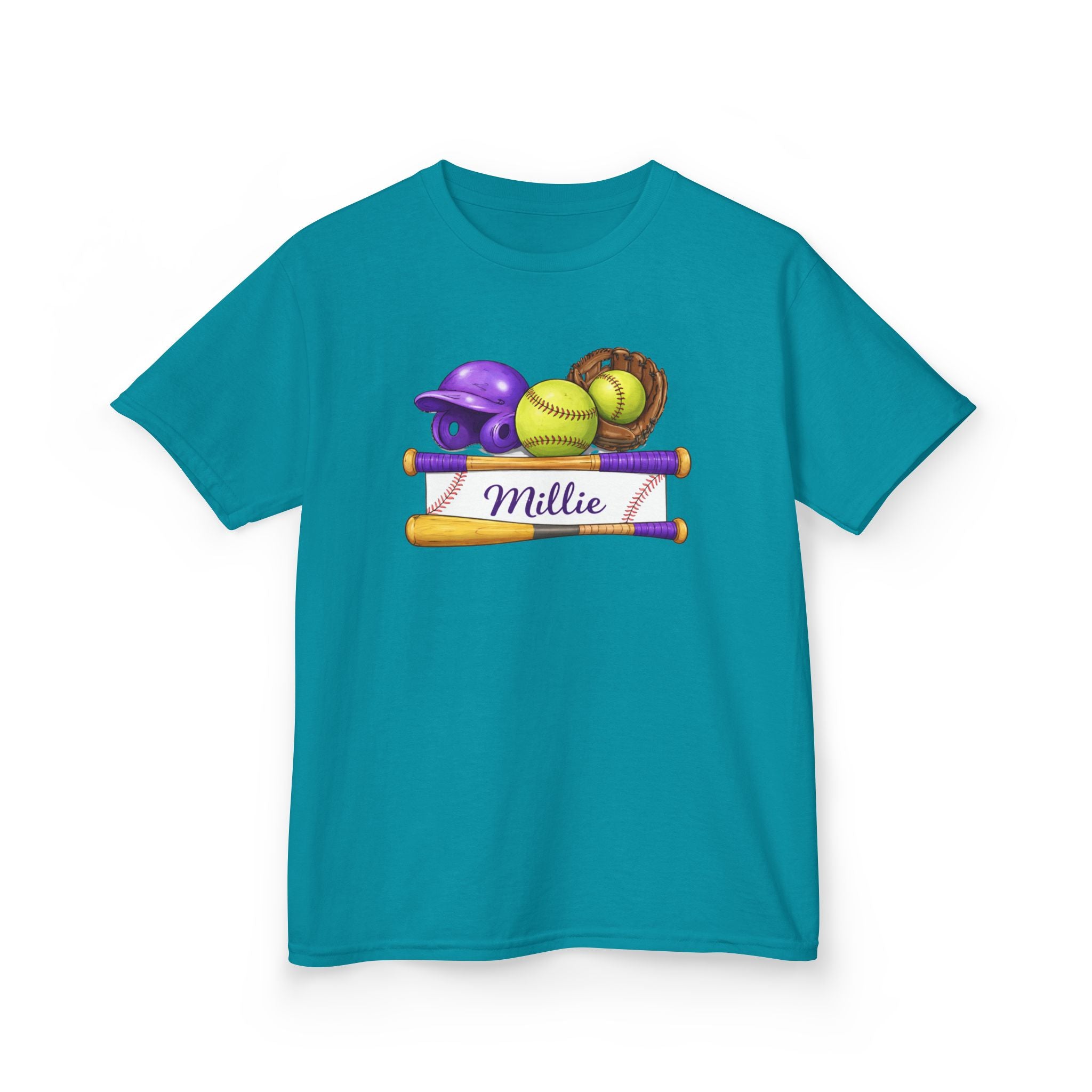 Kids Softball Name Tee – Personalized "Millie" Helmet, Ball & Bats