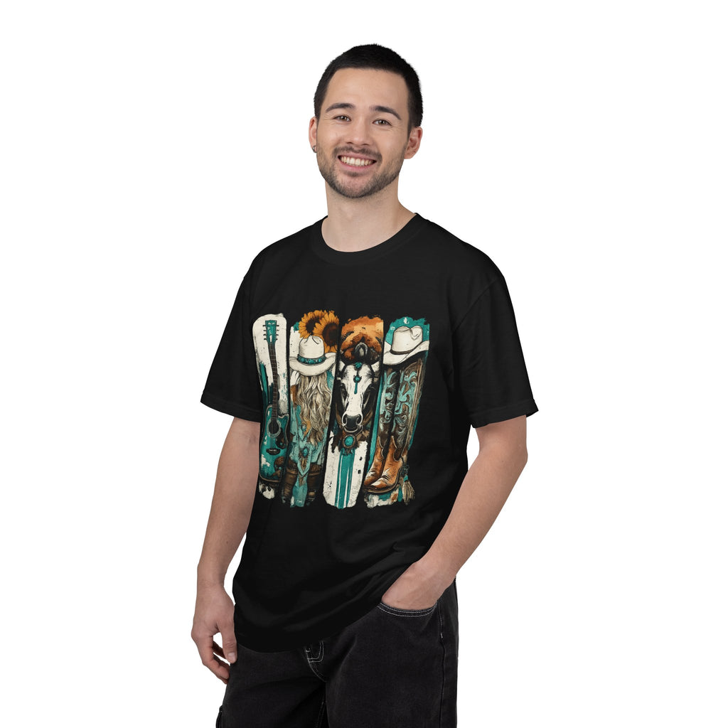 Western Music Icons T-Shirt — Rustic Guitar, Boots & Hat Graphic Tee