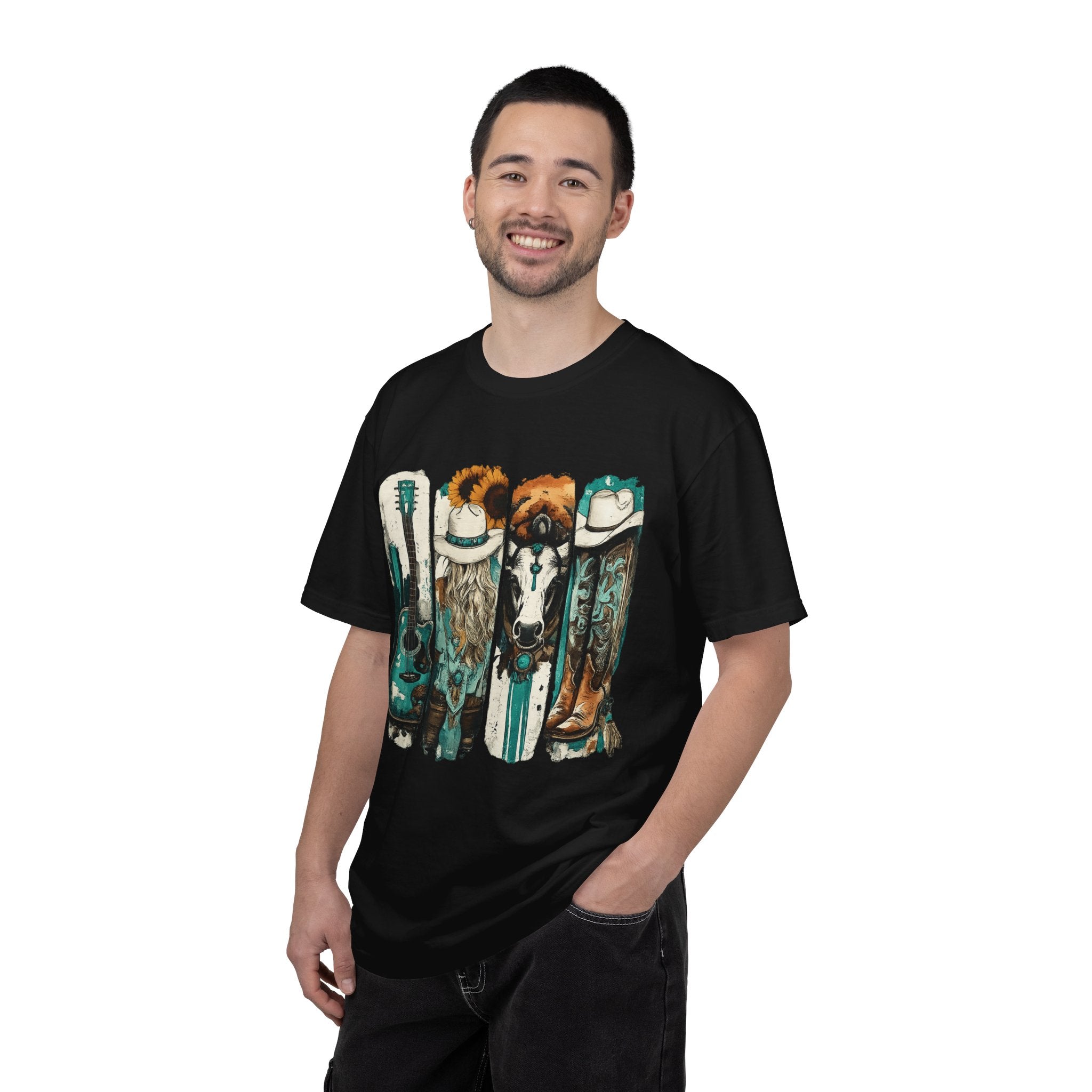 Western Music Icons T-Shirt — Rustic Guitar, Boots & Hat Graphic Tee