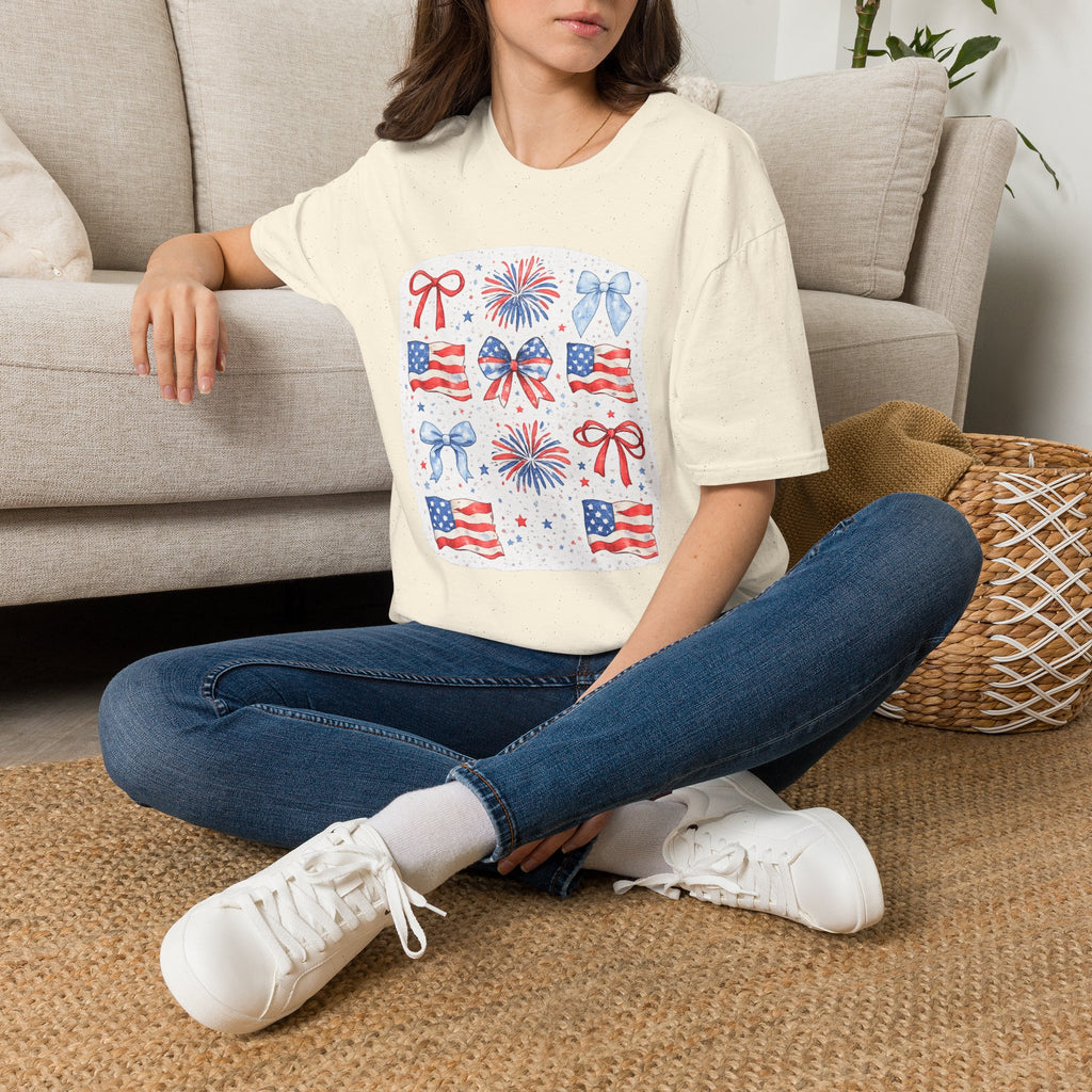 Patriotic 4th of July T-Shirt — USA Flag Bows & Fireworks Design