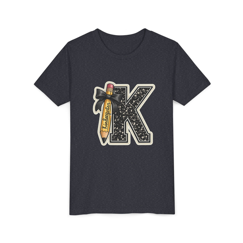 Youth K Monogram Pencil Tee — Kids Initial Letter K School Shirt