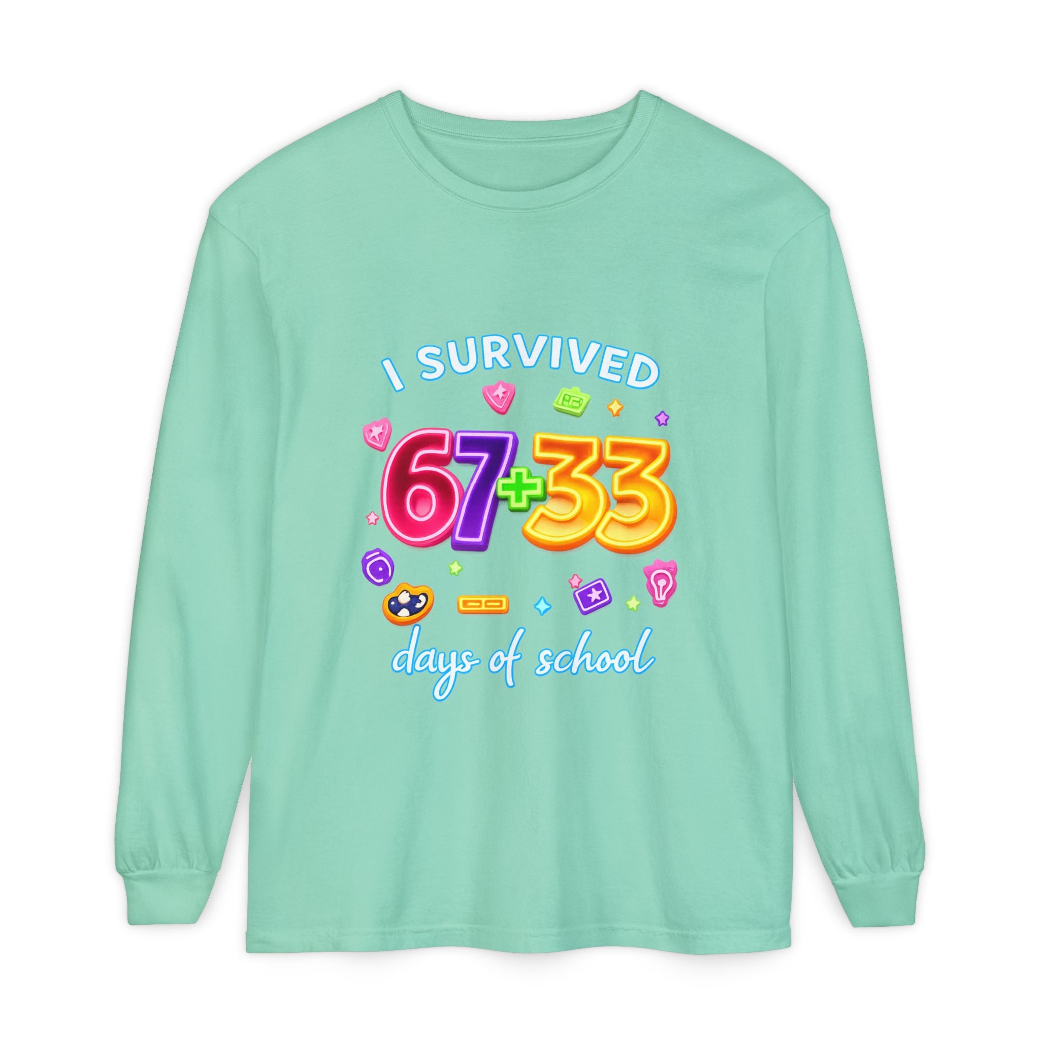Long Sleeve T‑Shirt "I Survived 67+33 Days of School" — Cute Colorful End‑of‑School Celebration Tee