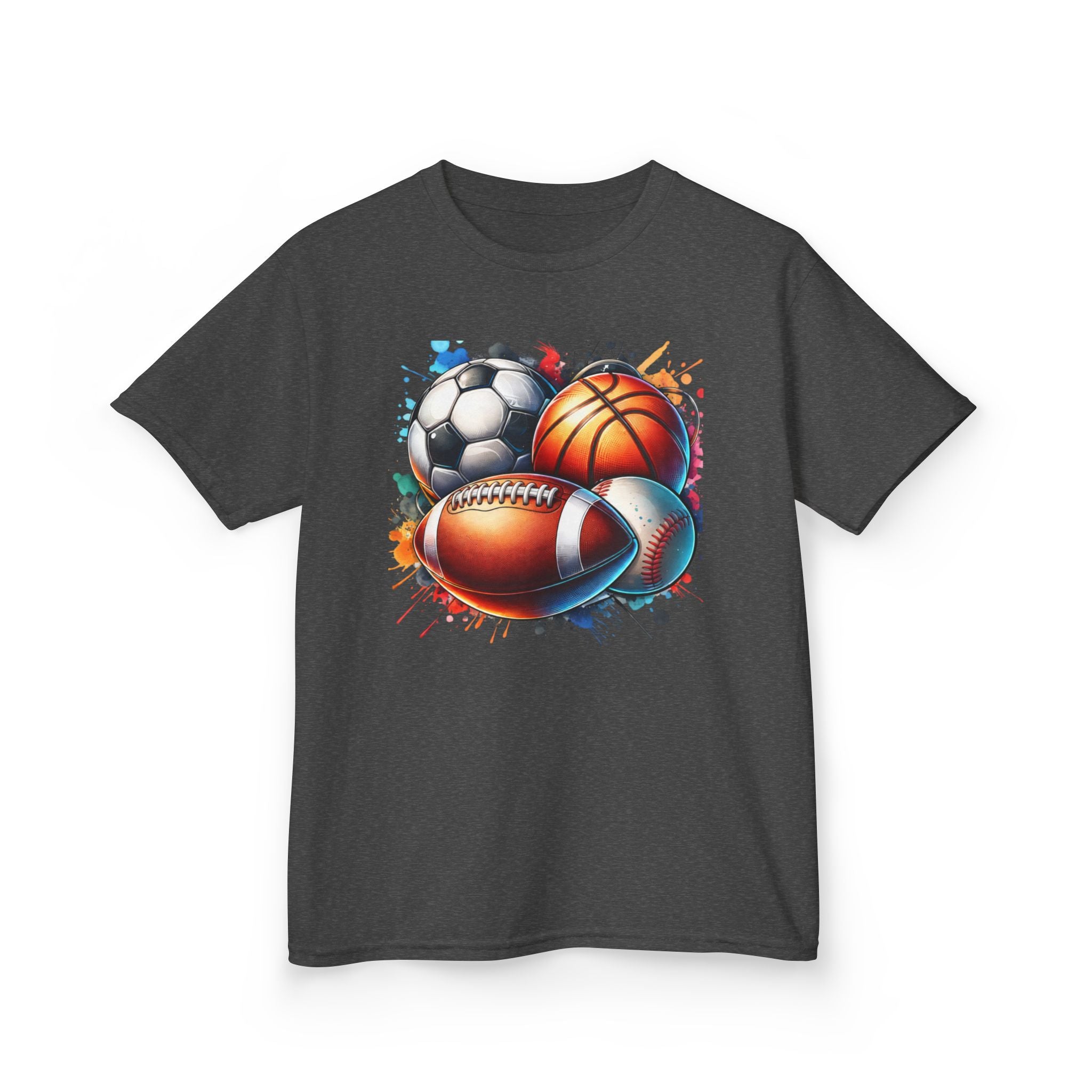 Kids Multi-Sport Splash T-Shirt — Soccer, Basketball & Football Graphic