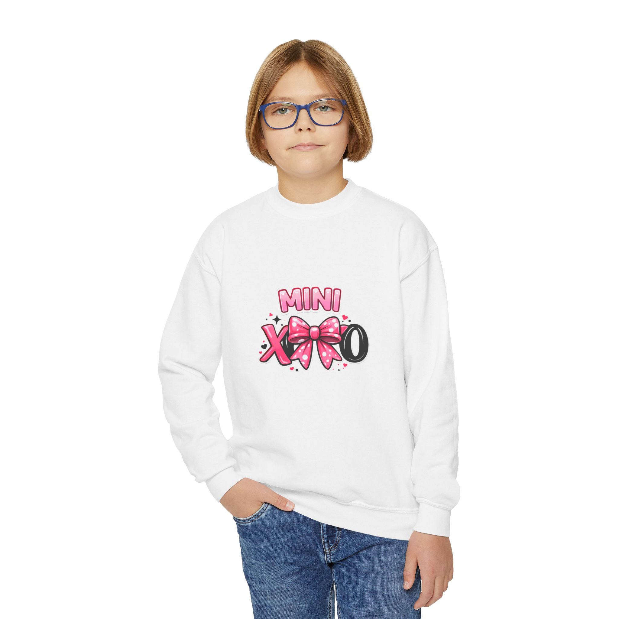 Mini XOXO Youth Crewneck Sweatshirt — Pink Bow Valentine Kids Pullover