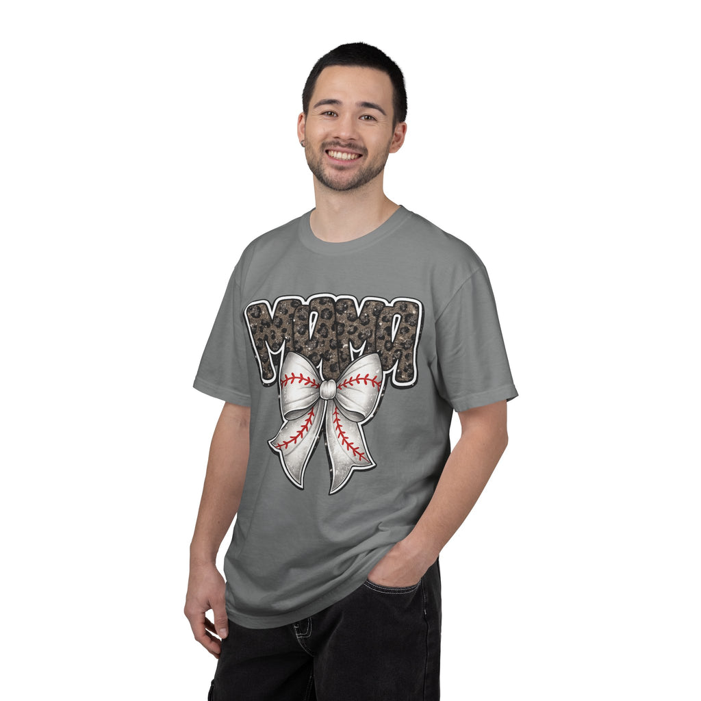 Baseball Mom T-Shirt — Camo Lettering with Baseball Bow