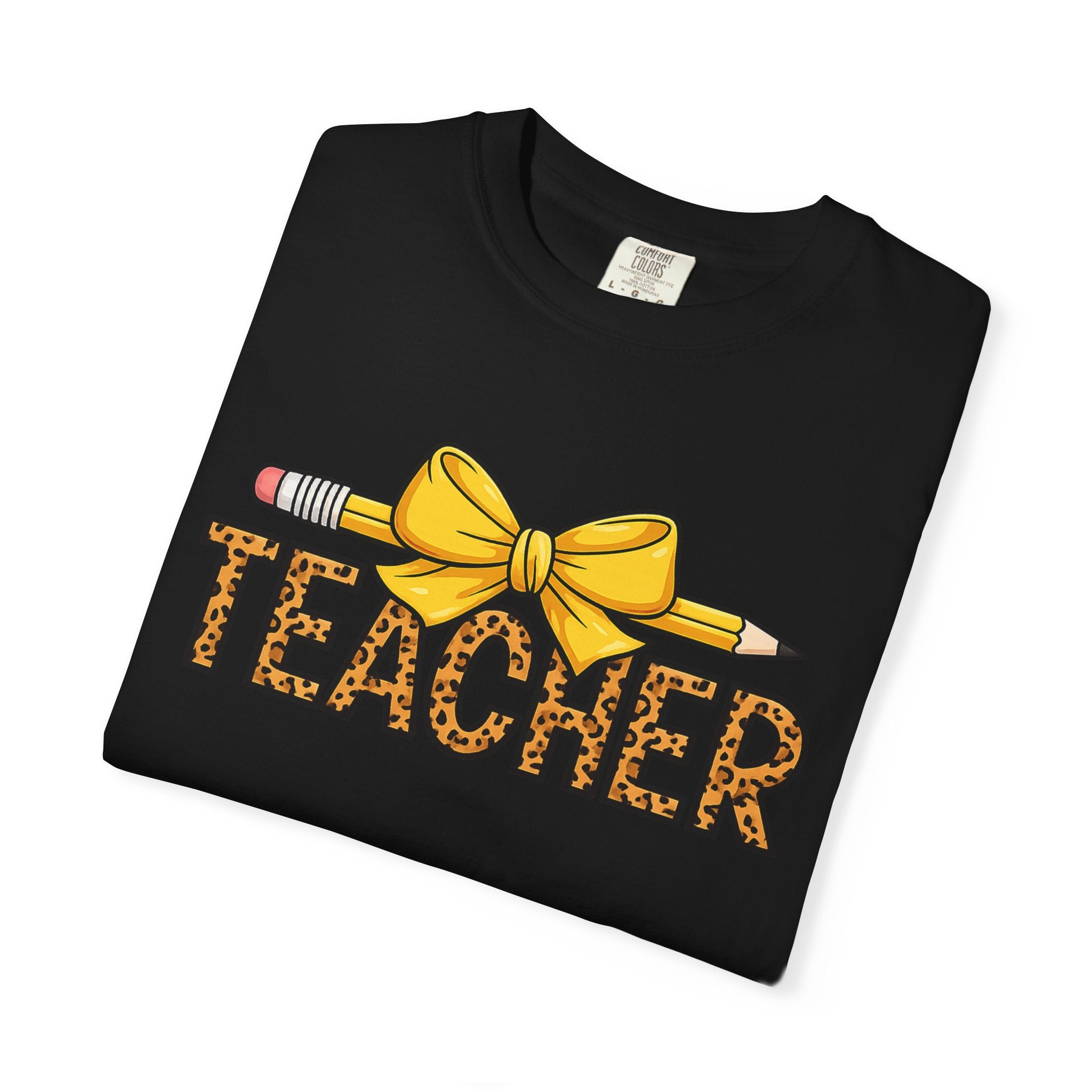 Teacher Leopard Print Pencil Bow T-Shirt — Cute Back-to-School Gift for Educators
