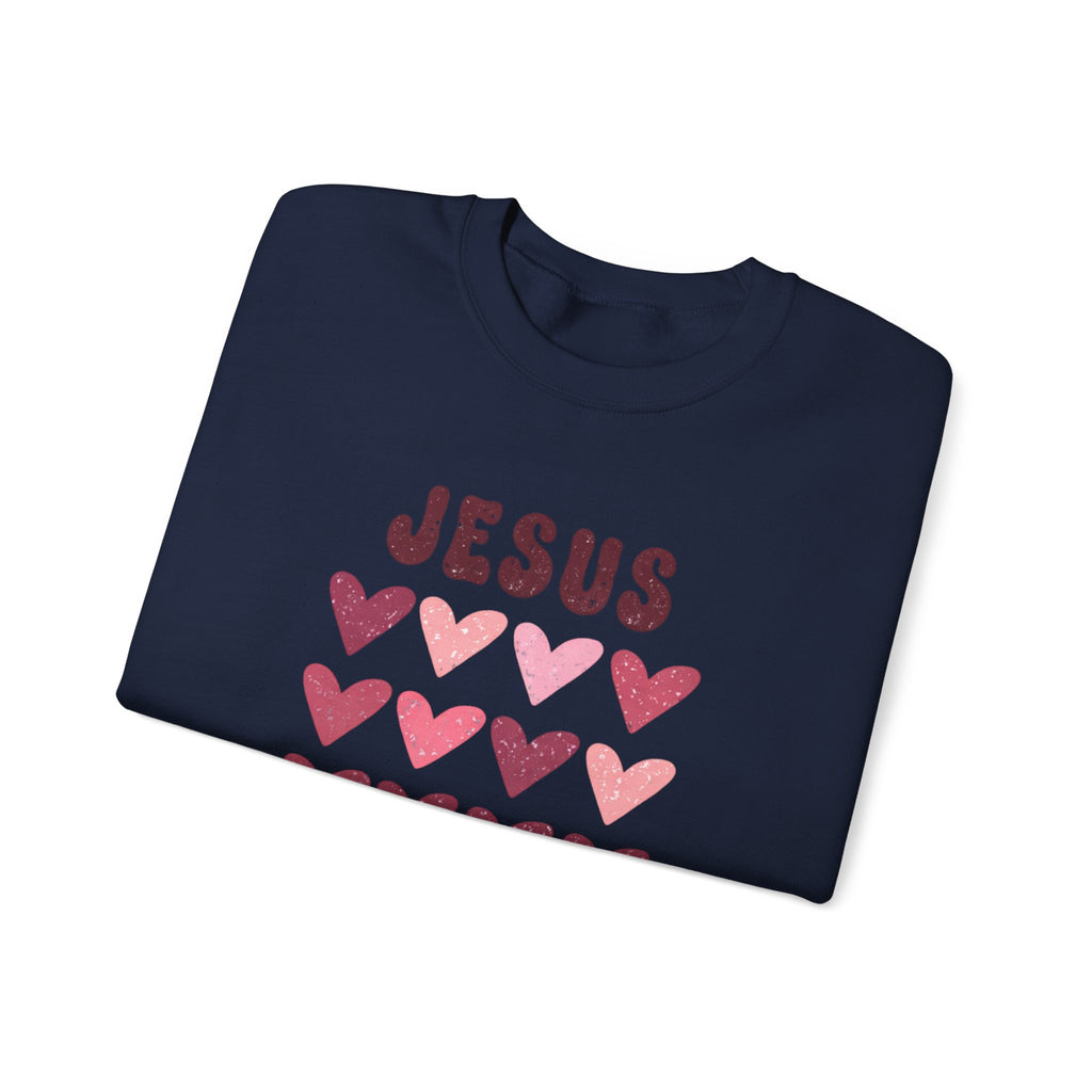Crewneck Sweatshirt — "Jesus Loves You" Pink Heart Graphic