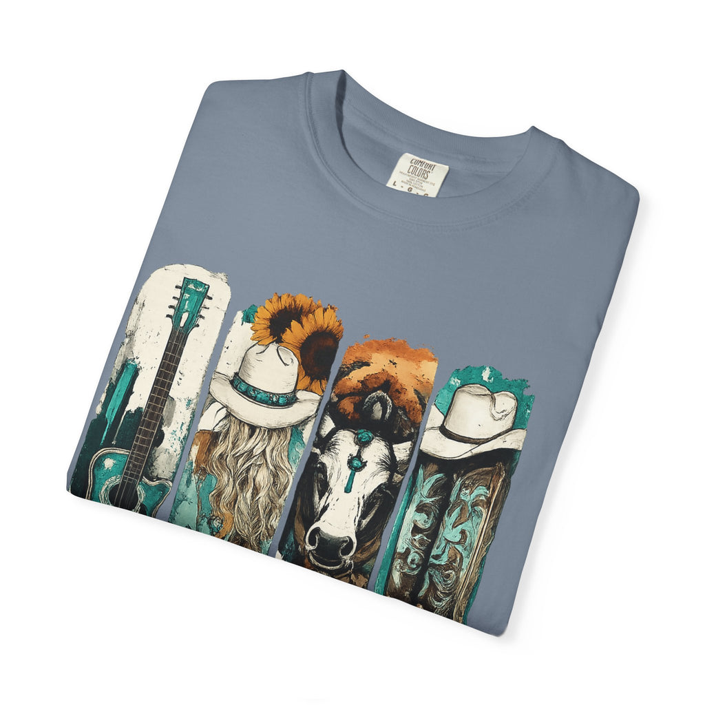 Western Music Icons T-Shirt — Rustic Guitar, Boots & Hat Graphic Tee