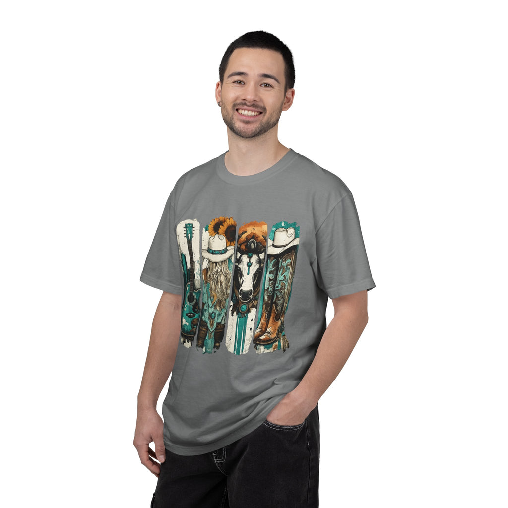 Western Music Icons T-Shirt — Rustic Guitar, Boots & Hat Graphic Tee