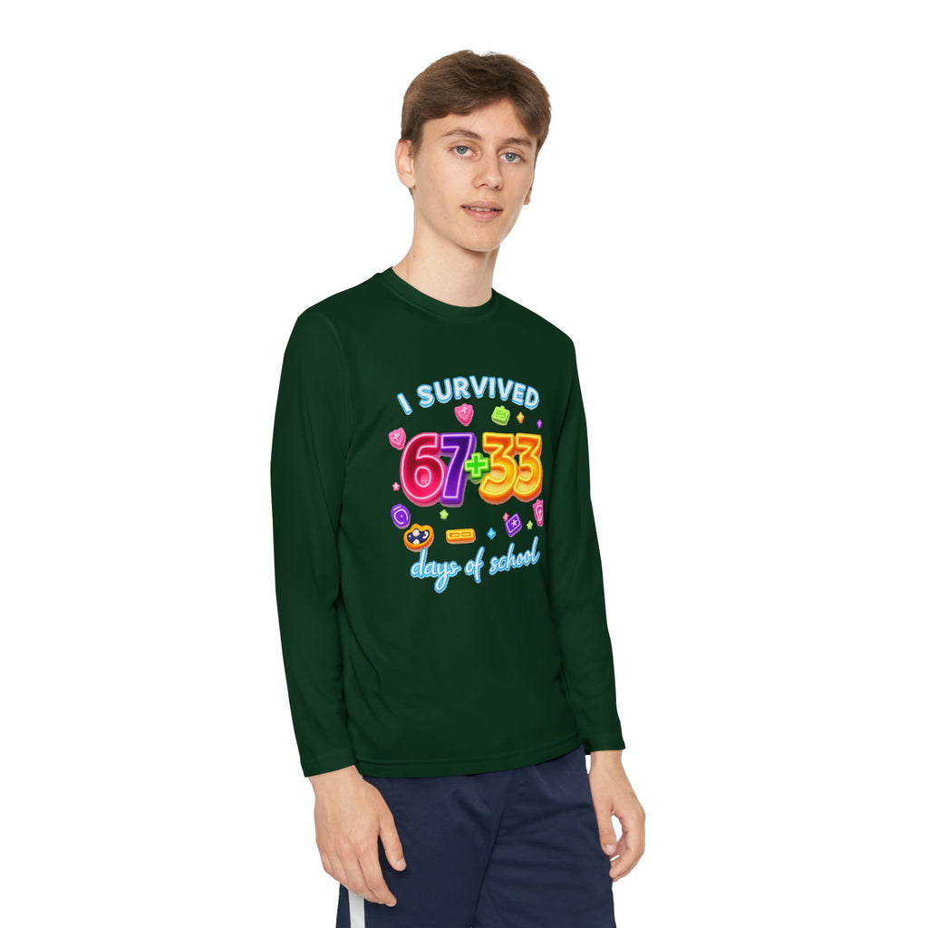 Youth Long Sleeve Tee — "I Survived 67+33 Days of School" Colorful Celebration Shirt