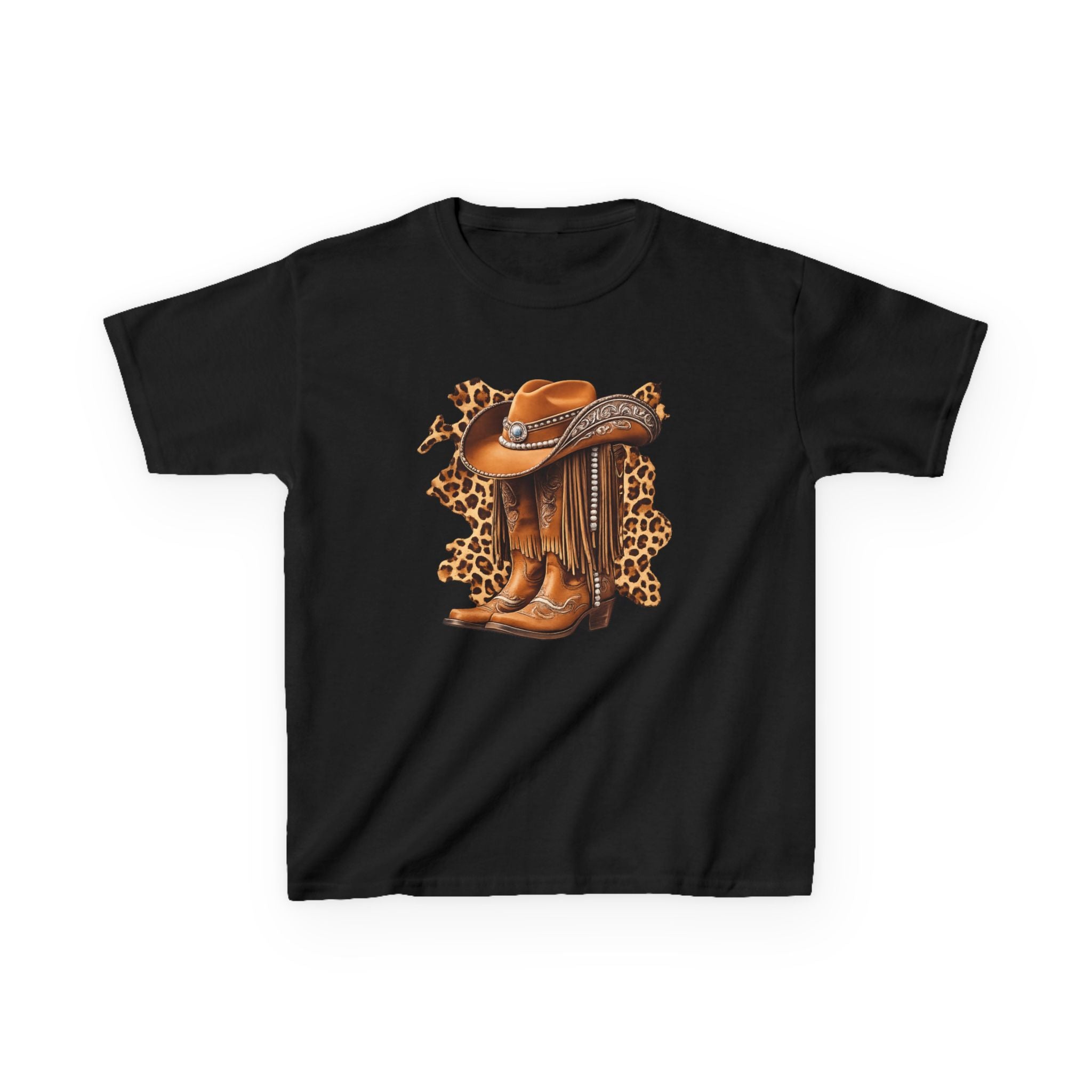 Kids Cowboy Hat & Boots Tee — Leopard Print Western Kids T-Shirt