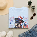 Patriotic Pup T‑Shirt — American Flag Dog with Fireworks (Fourth of July)