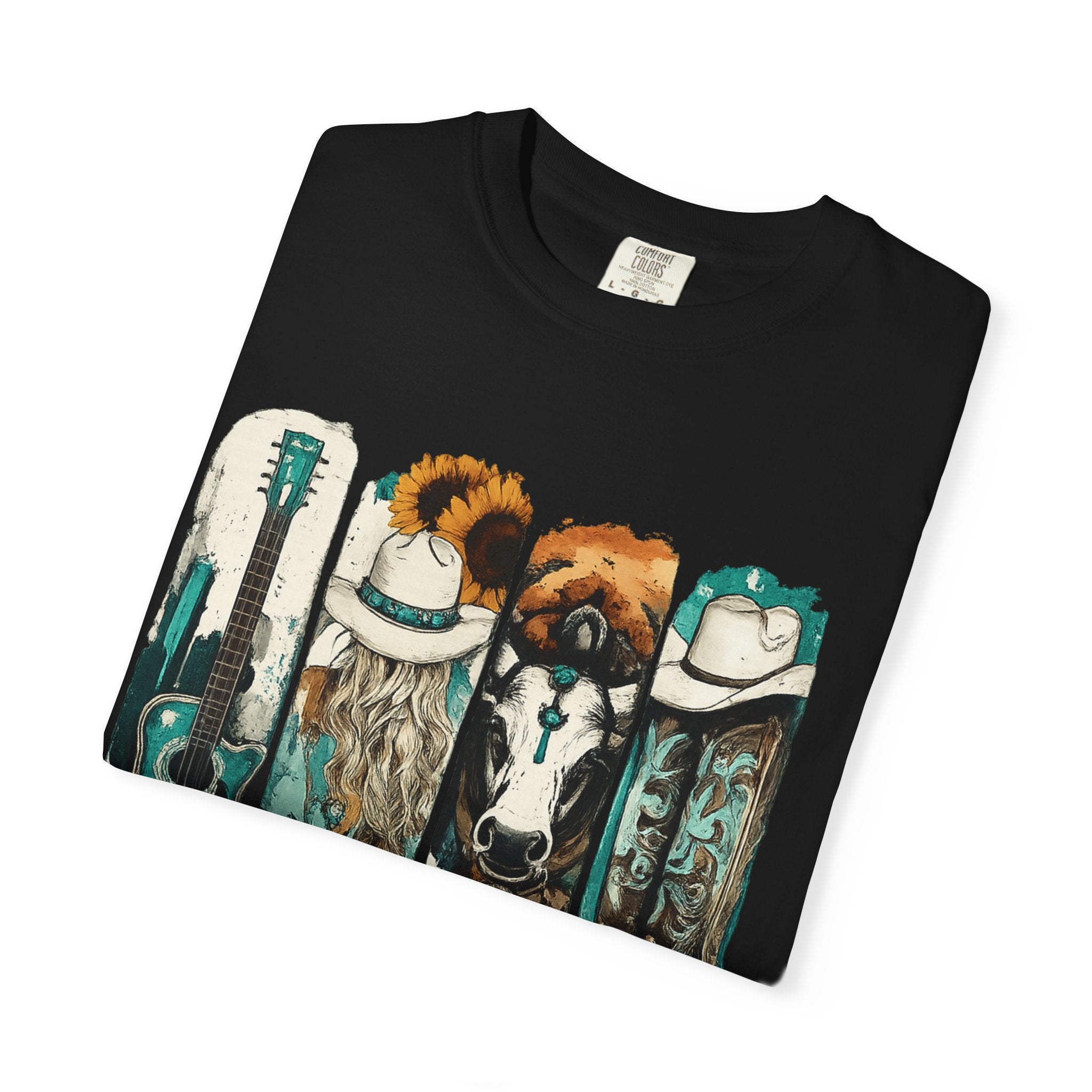 Western Music Icons T-Shirt — Rustic Guitar, Boots & Hat Graphic Tee