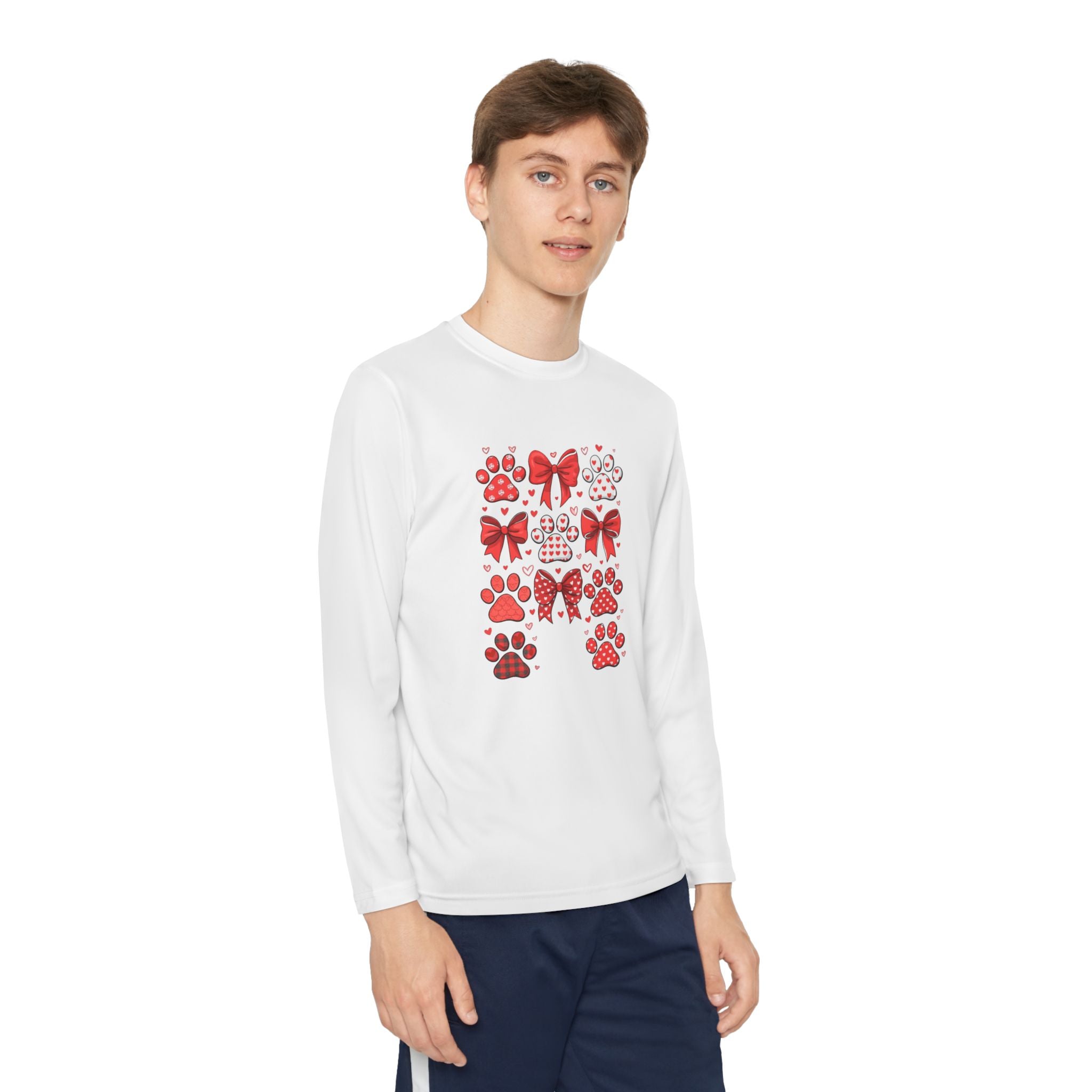 Youth Long Sleeve Tee - Red Paw & Bow Valentine Animal Print