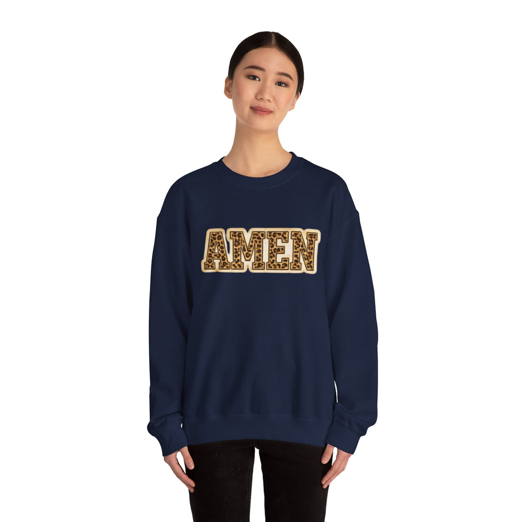 Crewneck Sweatshirt — 'AMEN' Leopard-Print Graphic