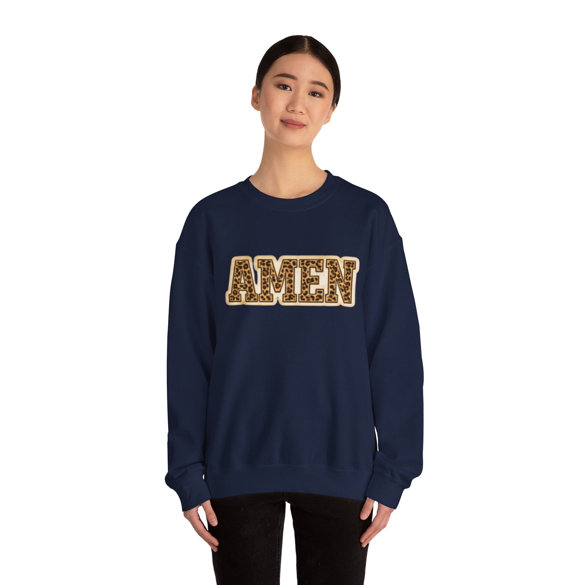 Crewneck Sweatshirt — 'AMEN' Leopard-Print Graphic