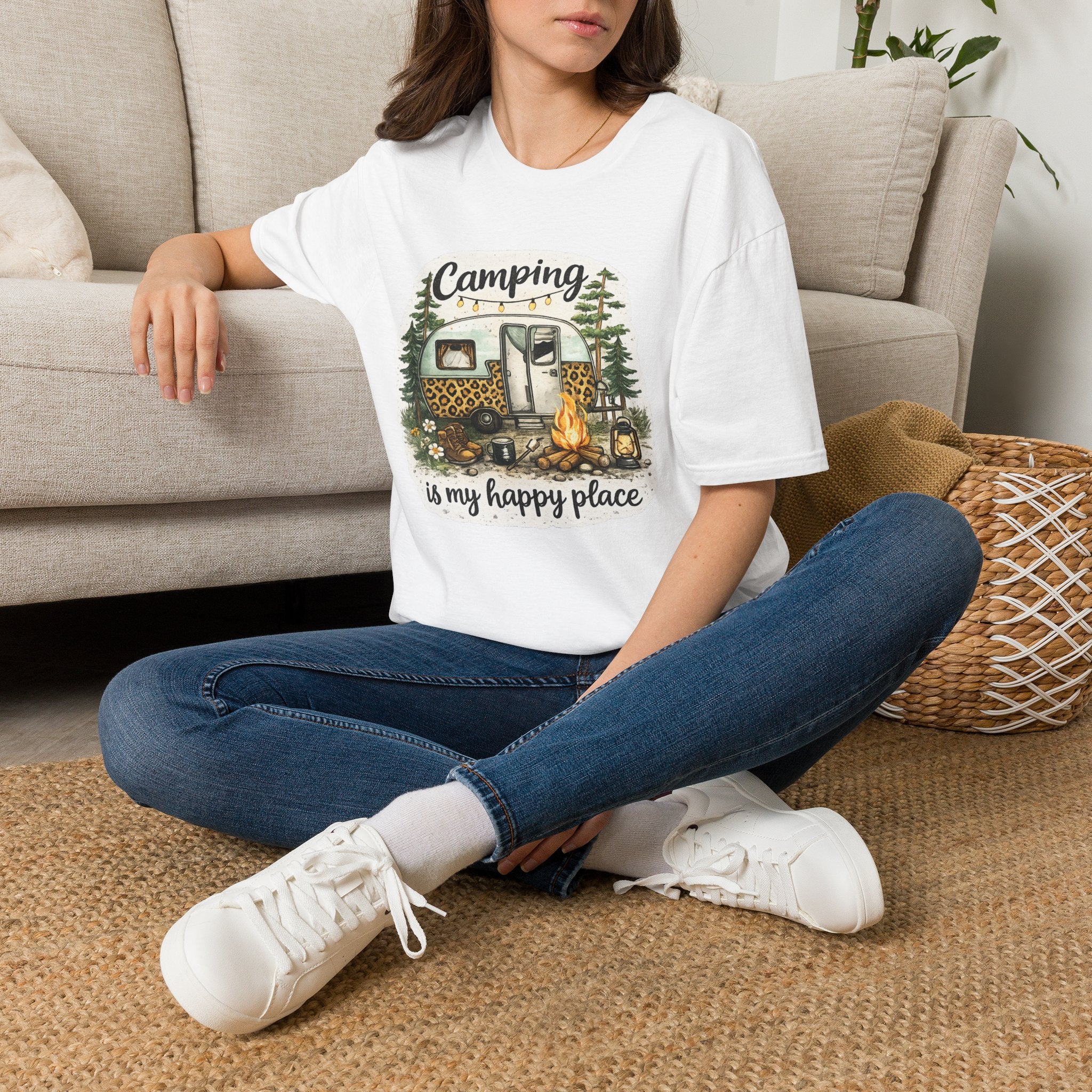 Camping Is My Happy Place T‑Shirt — Leopard Camper Graphic Tee