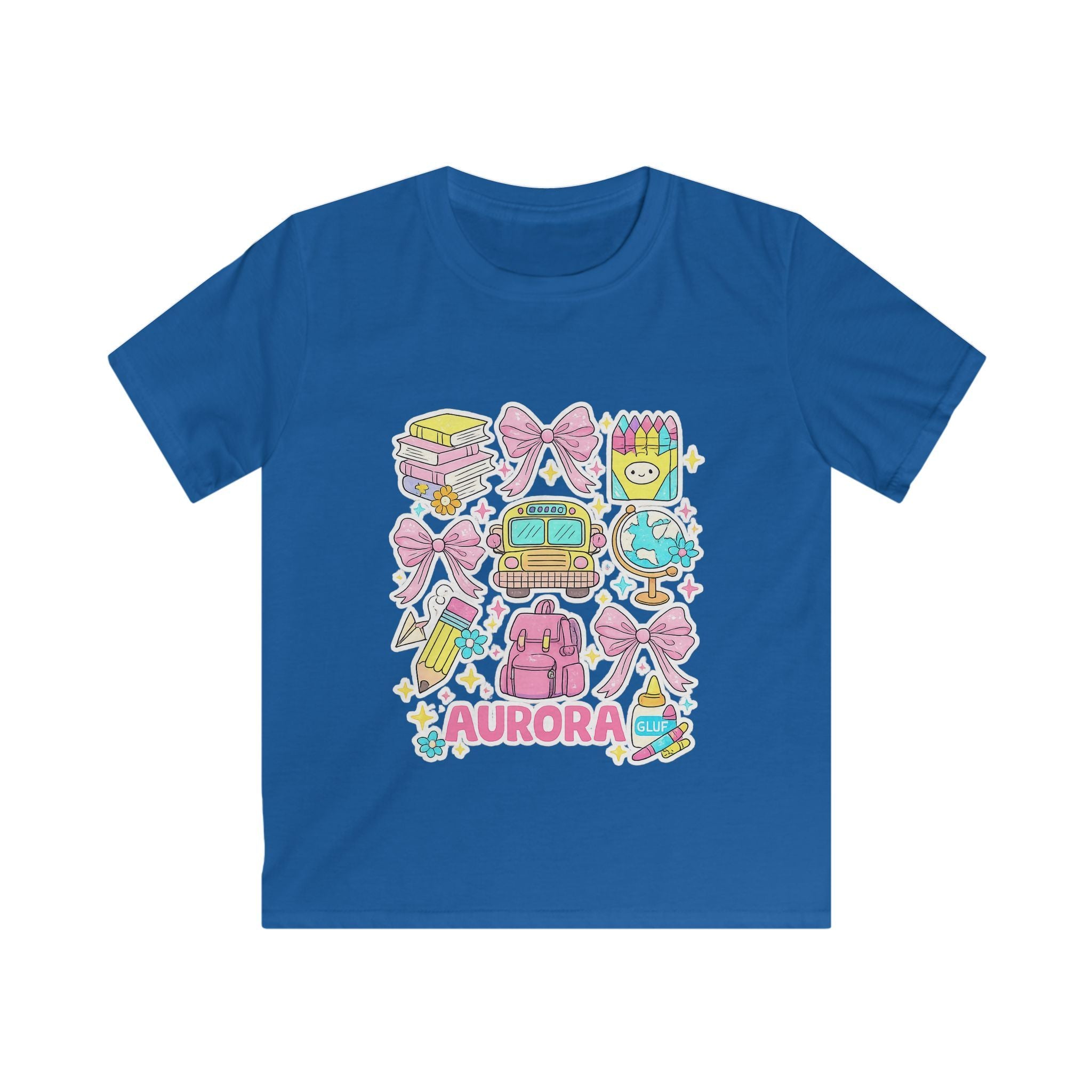 Kids Tee — Cute Pastel School Icons Design with Name "Aurora"