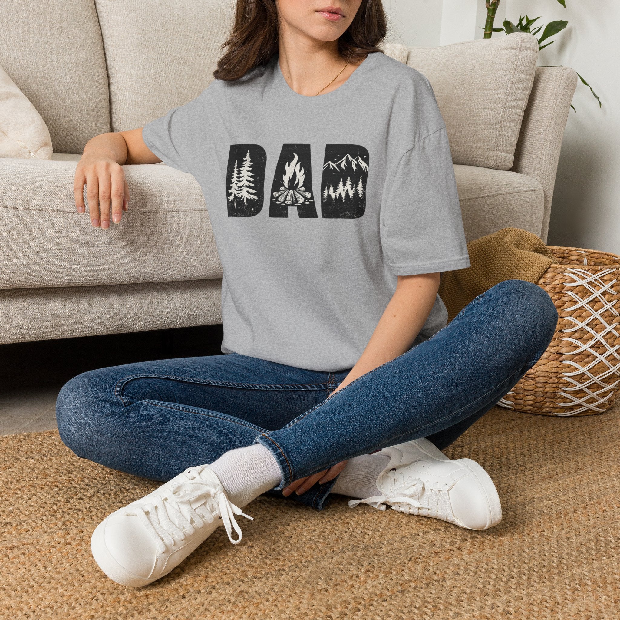 Dad Camping T-Shirt — Rustic Outdoors Father’s Day Shirt (DAD with Trees, Campfire & Mountains)