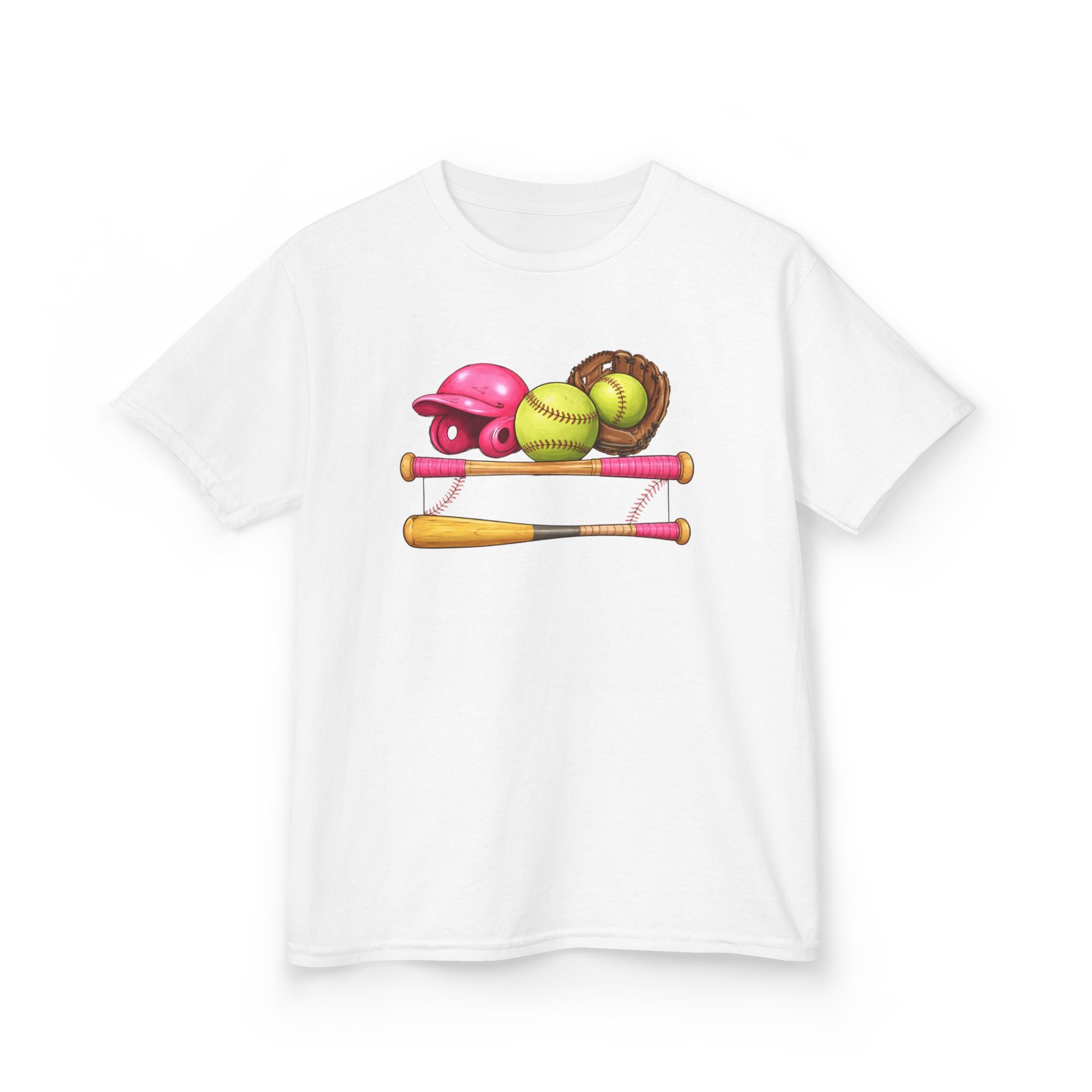 Kids Softball Gear T-Shirt — Pink Helmet, Bat & Glove Baseball Design