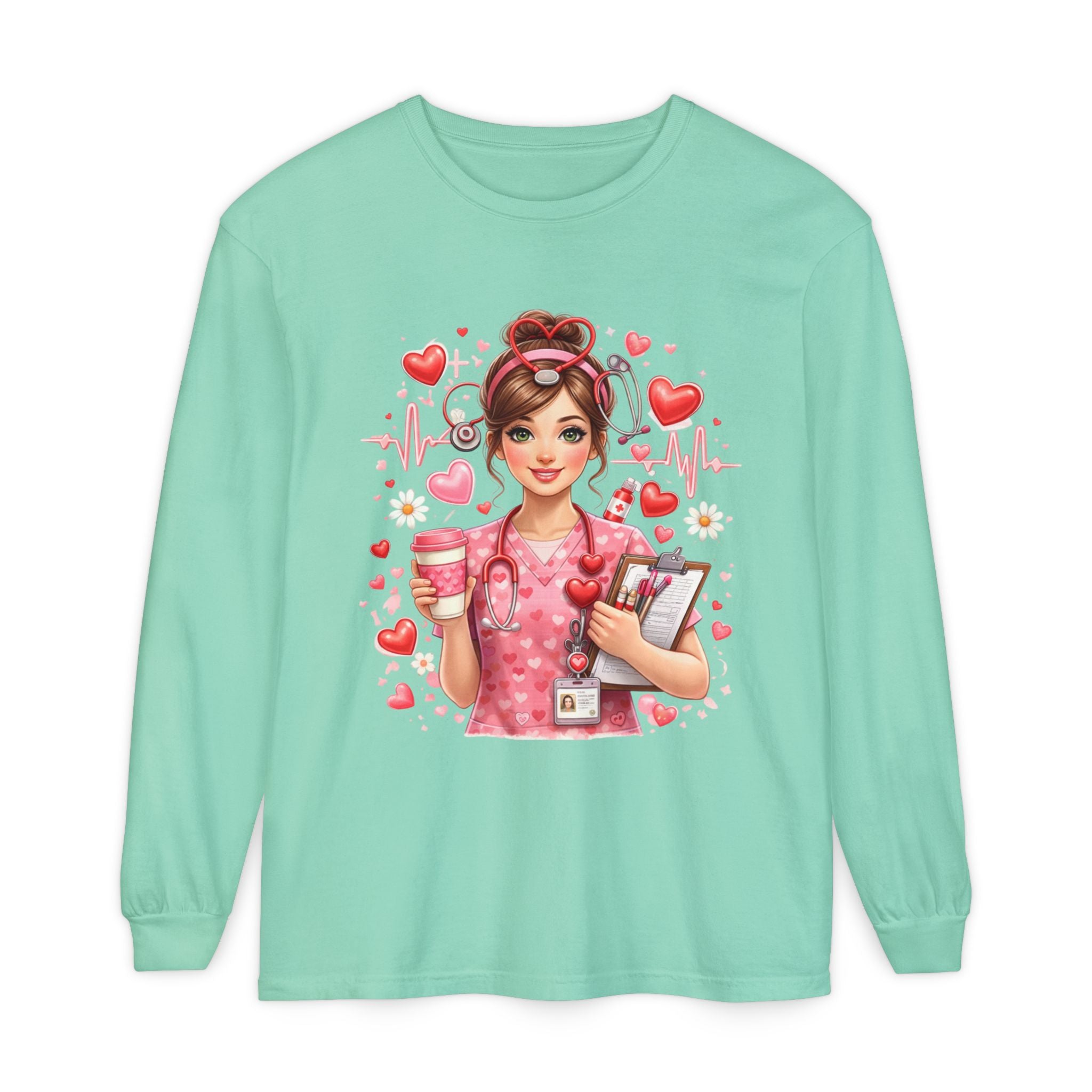 Nurse Love Long Sleeve T-Shirt — Cute Heartbeat Healthcare Graphic