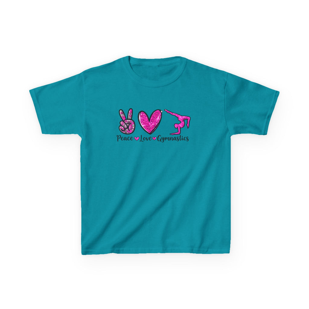 Kids Tee — "Peace Love Gymnastics" Pink Glitter Graphic