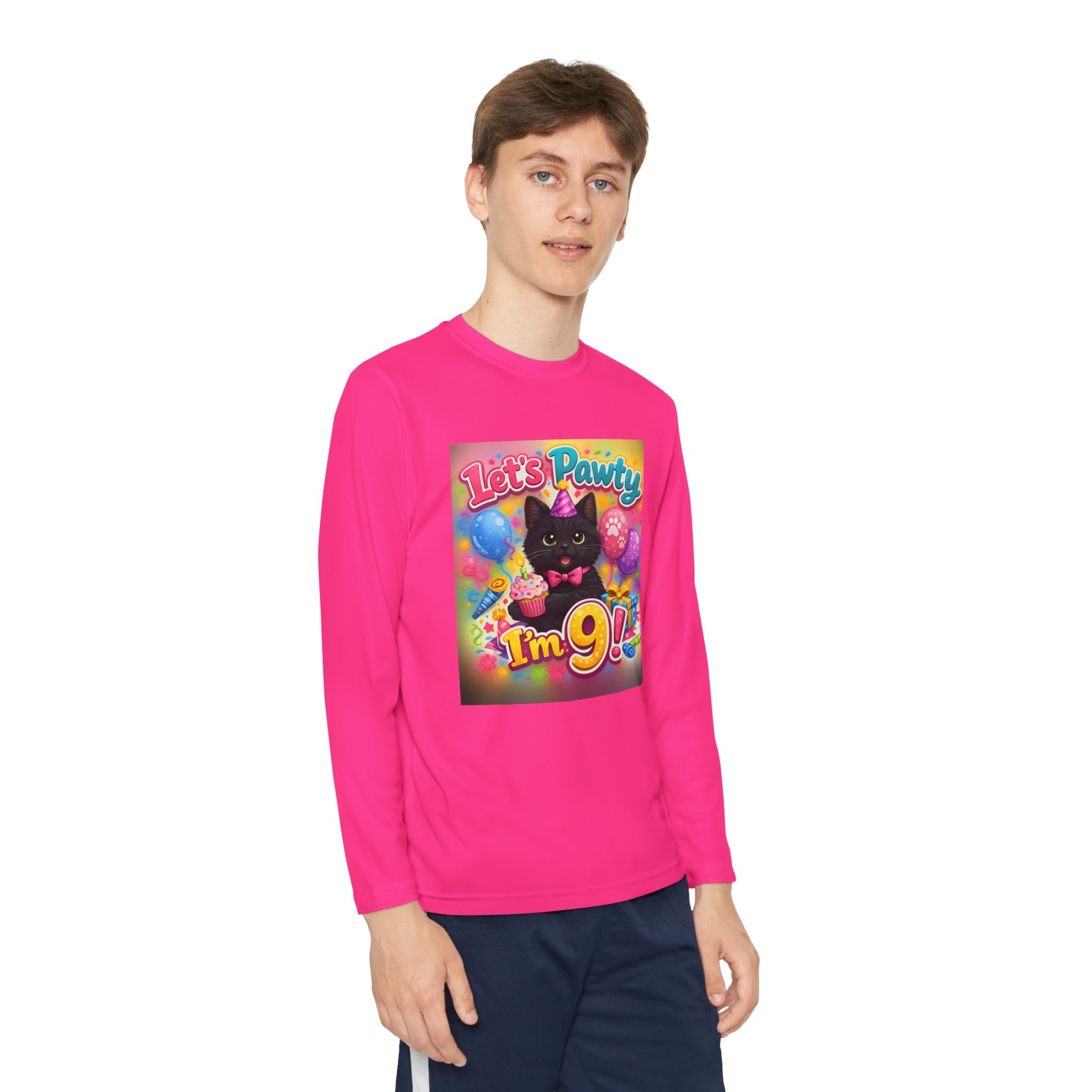 Kids' 9th Birthday Long Sleeve Tee — "Let's Pawty I'm 9!" Cat Birthday Shirt