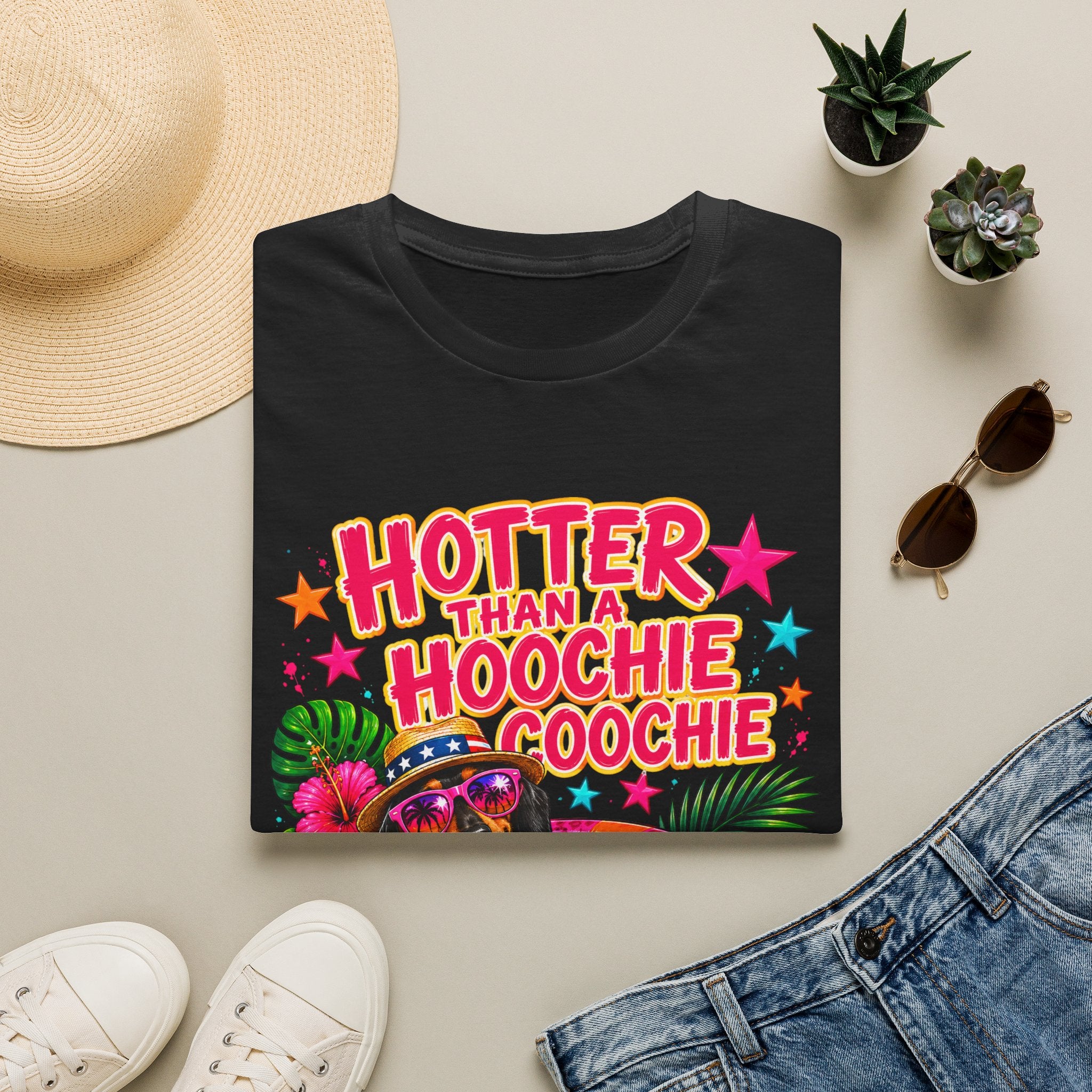 T-Shirt — "Hotter Than A Hoochie Coochie" Bright Retro Summer Graphic