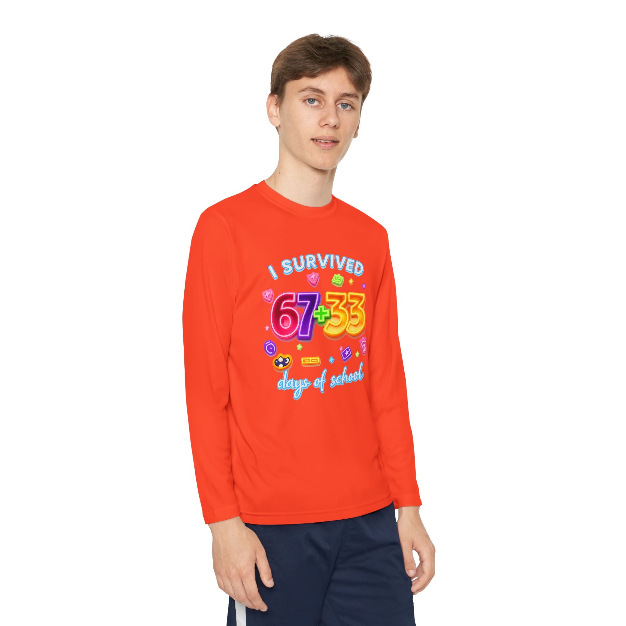 Youth Long Sleeve Tee — "I Survived 67+33 Days of School" Colorful Celebration Shirt