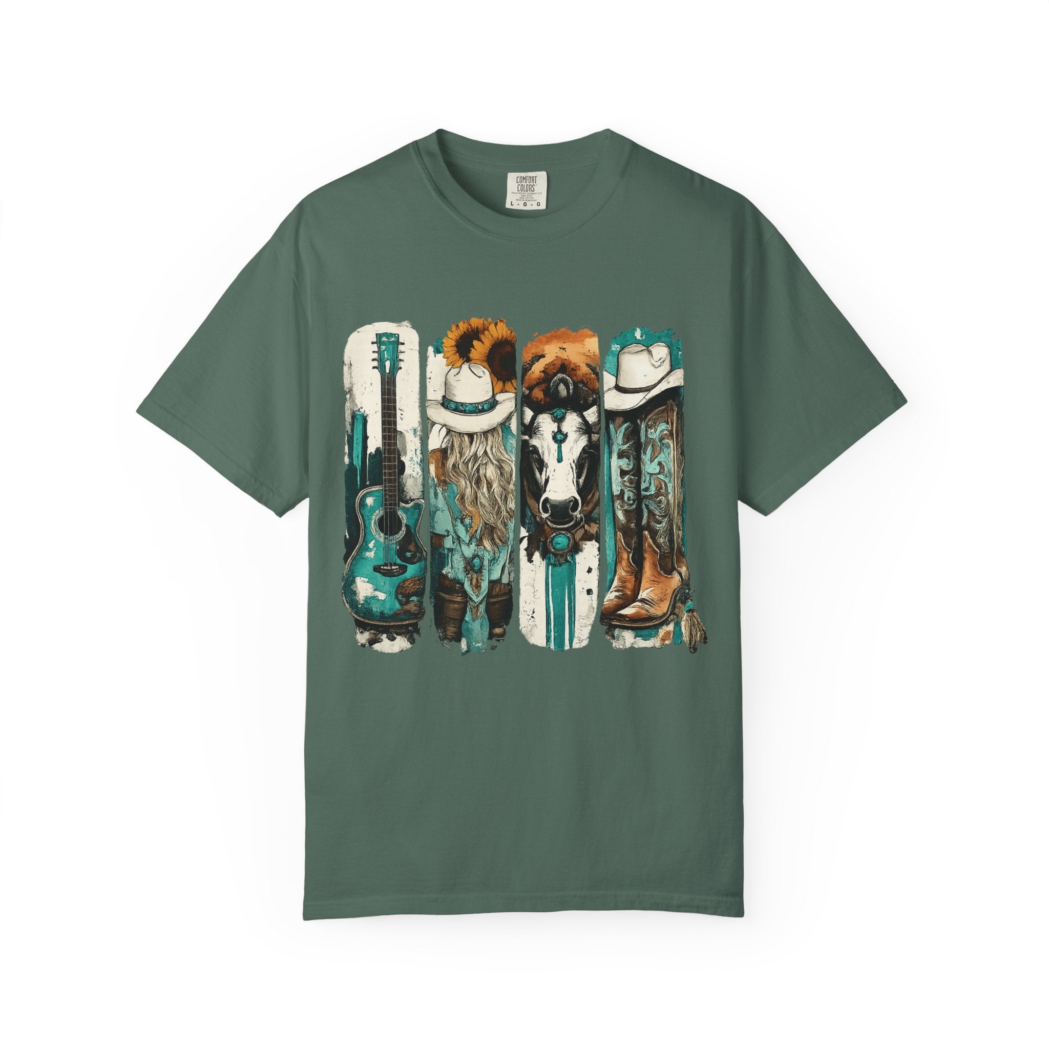 Western Music Icons T-Shirt — Rustic Guitar, Boots & Hat Graphic Tee