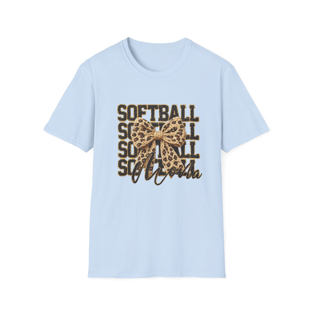 Softball Mom Leopard Bow T-Shirt – 'Softball Squad' Graphic Tee