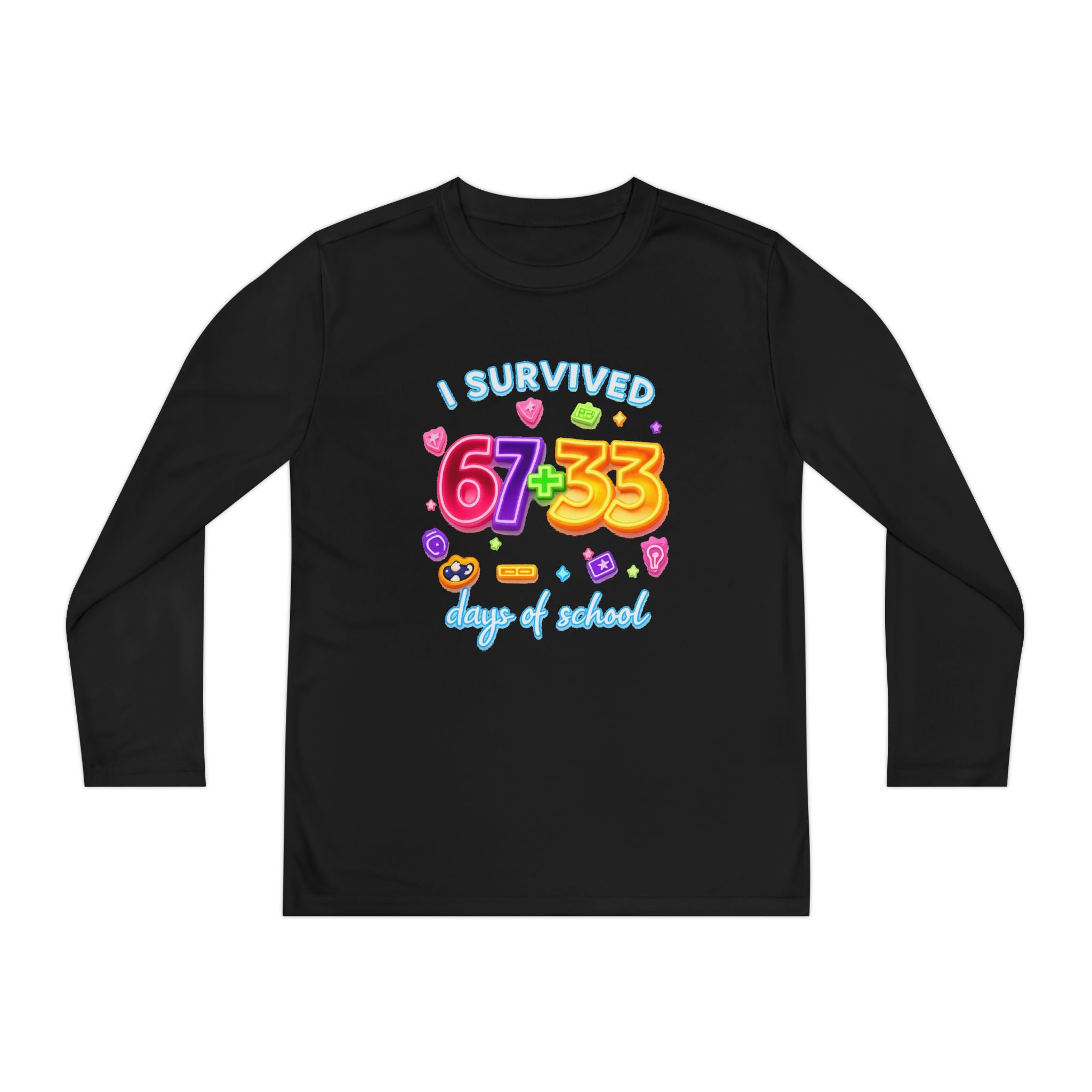 Youth Long Sleeve Tee — "I Survived 67+33 Days of School" Colorful Celebration Shirt