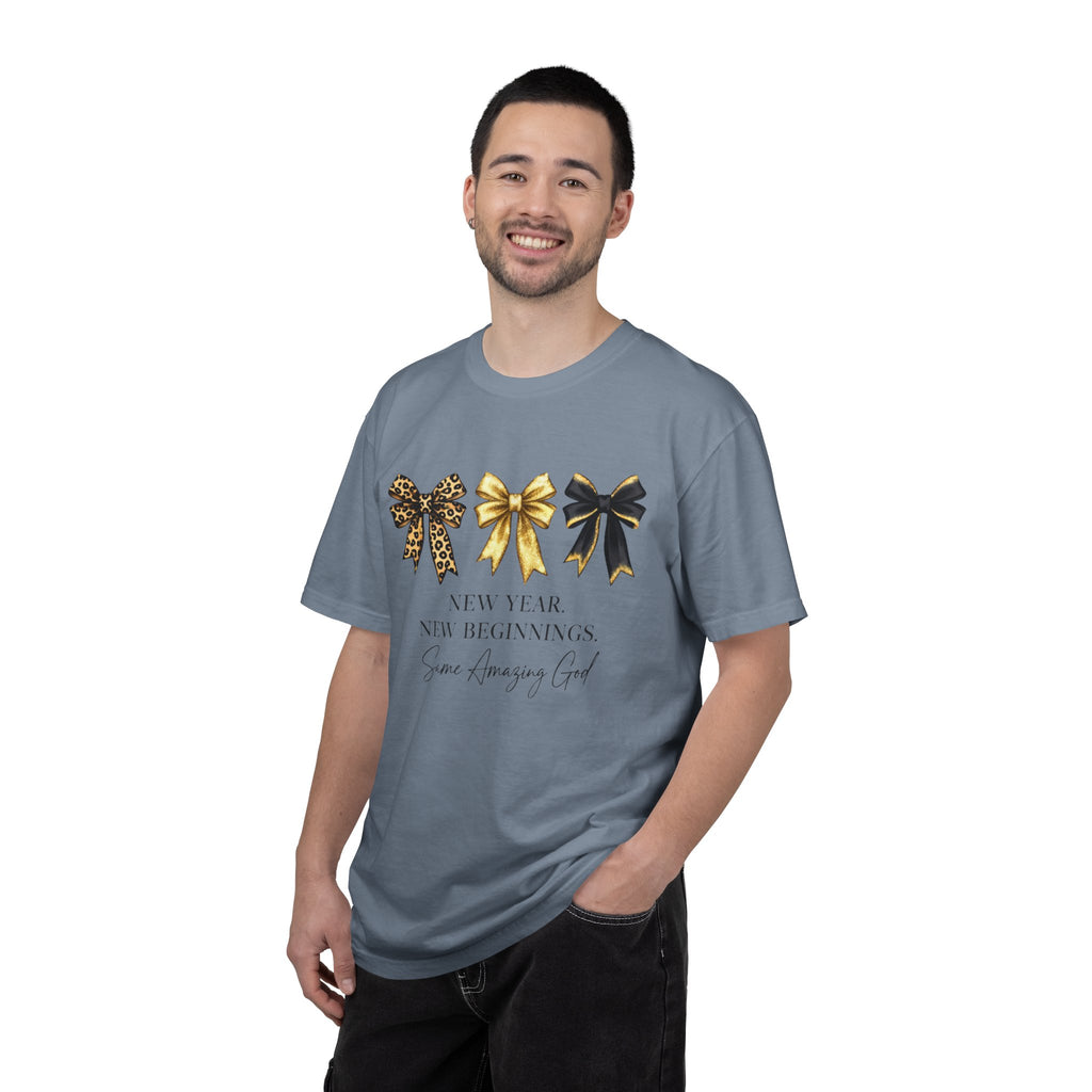 T-Shirt — "New Year, New Beginnings" Gold & Black Bow Graphic Tee