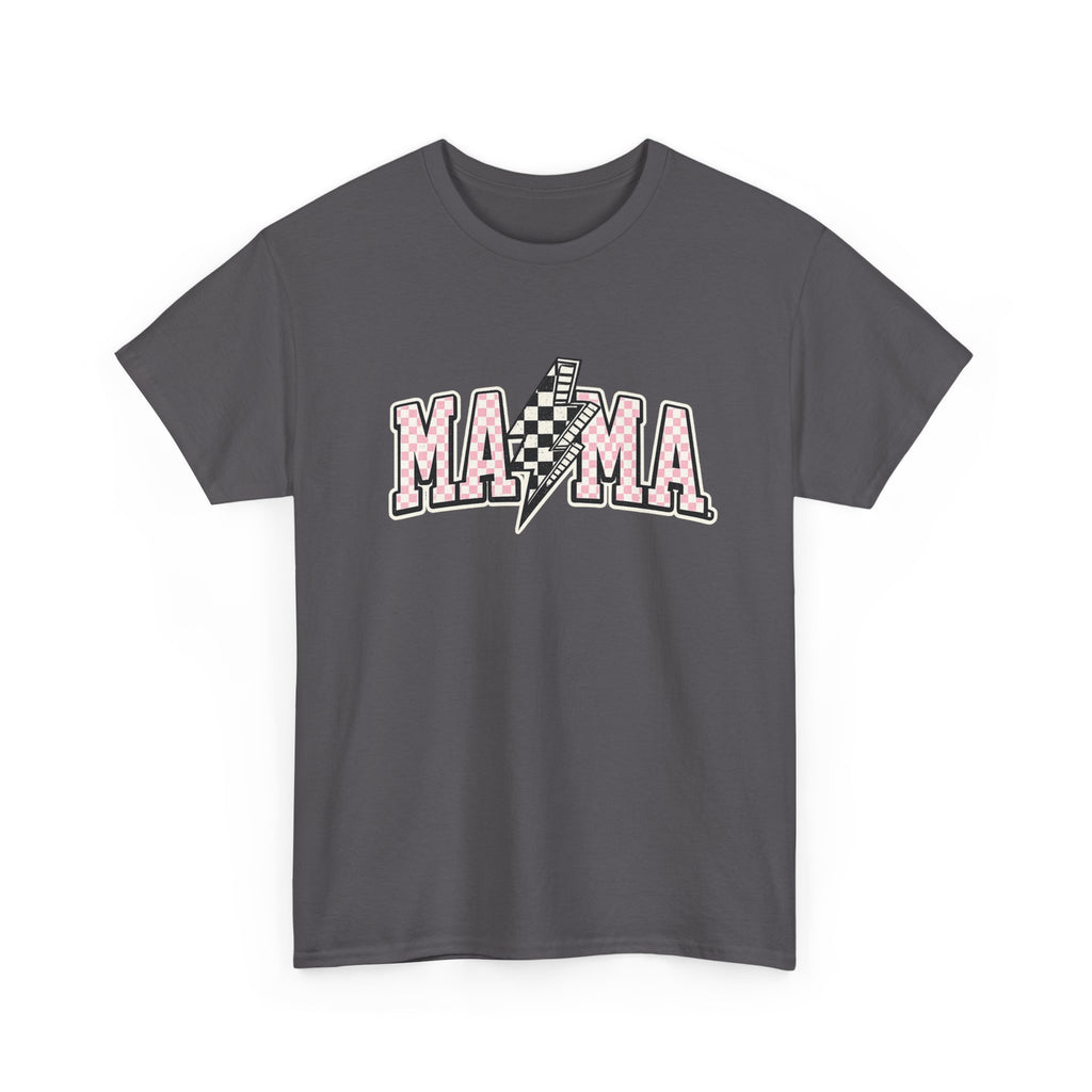 Mama Lightning Bolt Graphic Tee — Pink Checkered "MAMA" Shirt