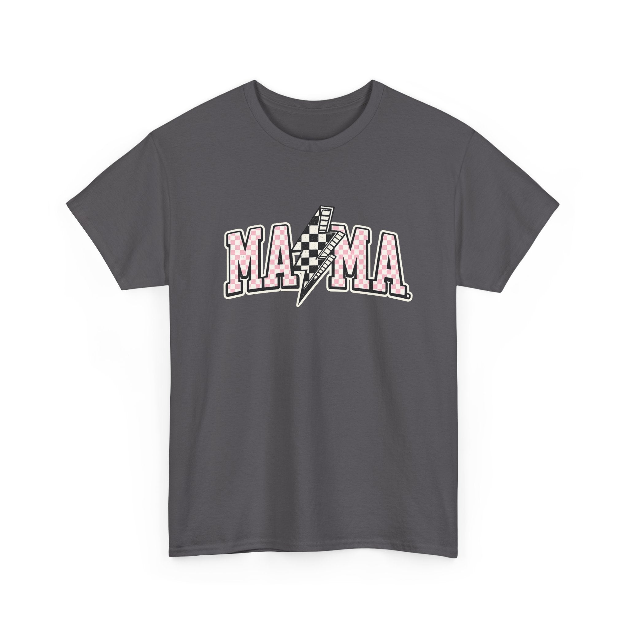 Mama Lightning Bolt Graphic Tee — Pink Checkered "MAMA" Shirt