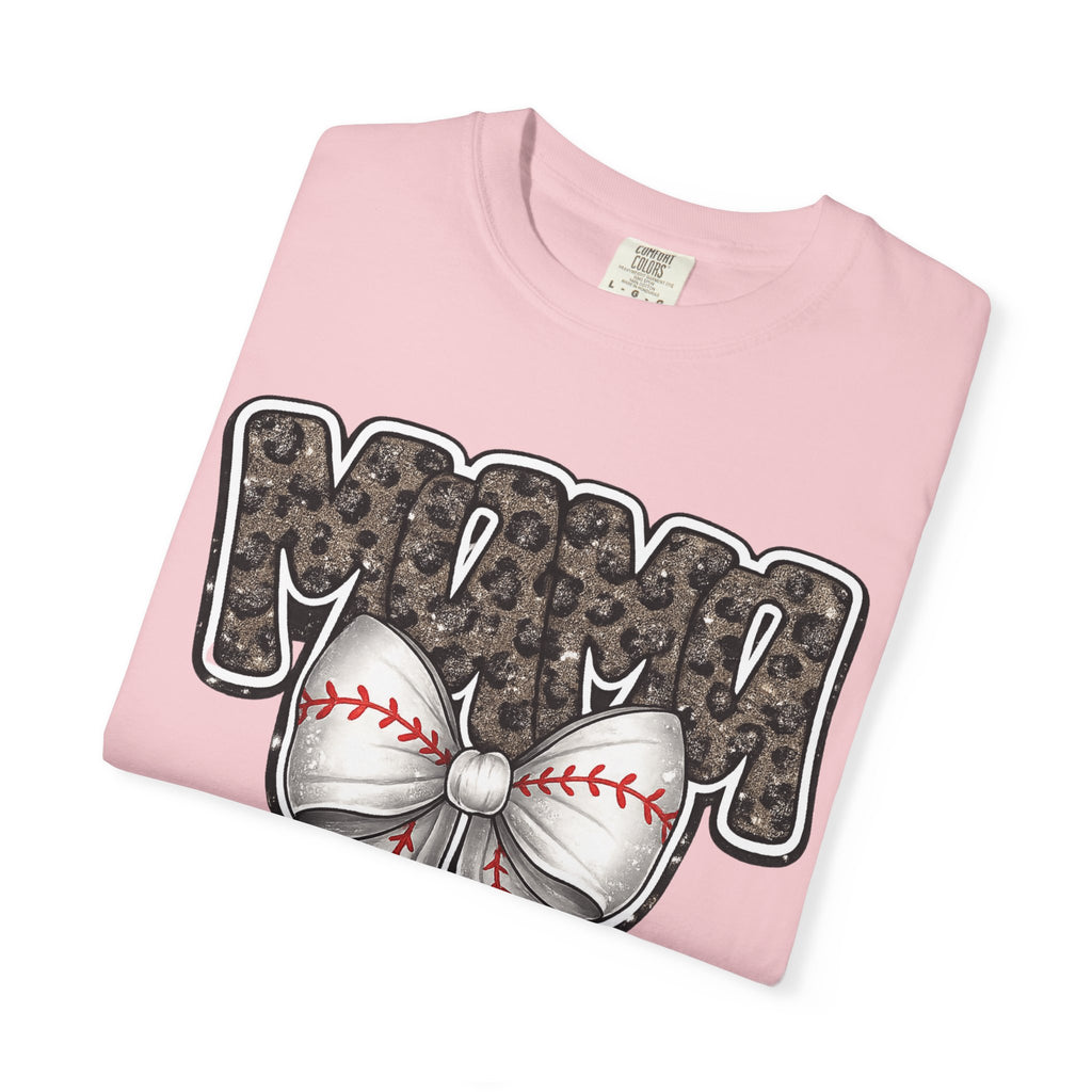 Baseball Mom T-Shirt — Camo Lettering with Baseball Bow