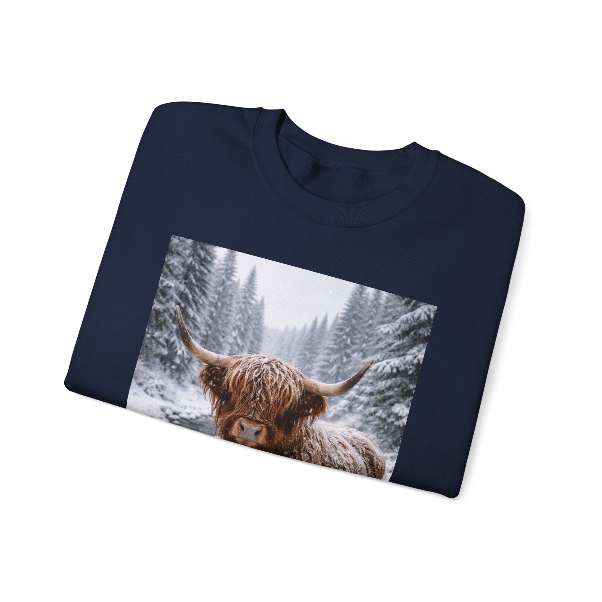 Highland Cow in Snow Crewneck Sweatshirt - Cozy Winter Forest Highlander Graphic