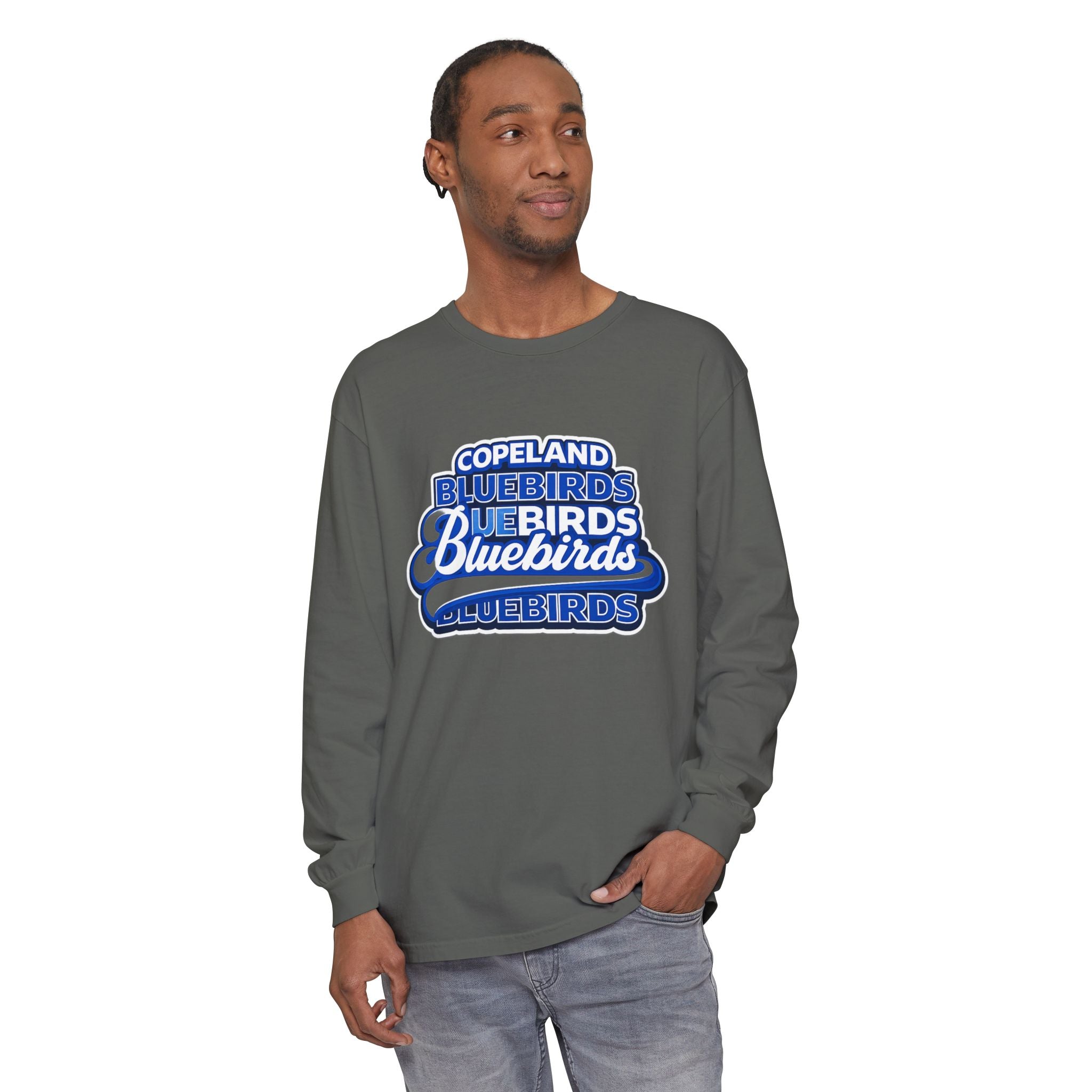 Bluebirds Crew Long Sleeve T‑Shirt — Retro Layered School Spirit Design
