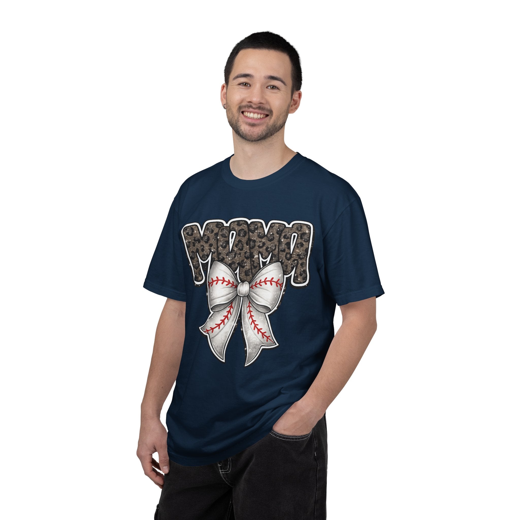 Baseball Mom T-Shirt — Camo Lettering with Baseball Bow