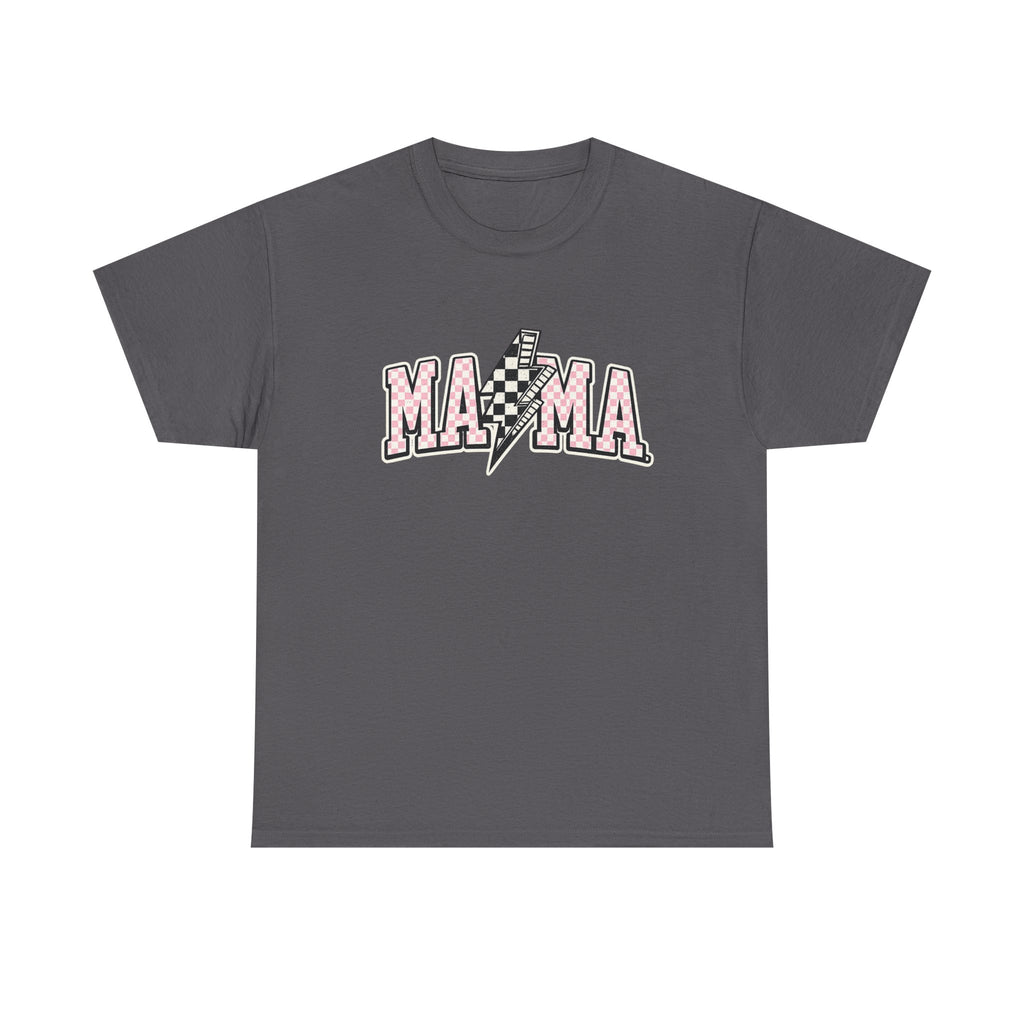 Mama Lightning Bolt Graphic Tee — Pink Checkered "MAMA" Shirt