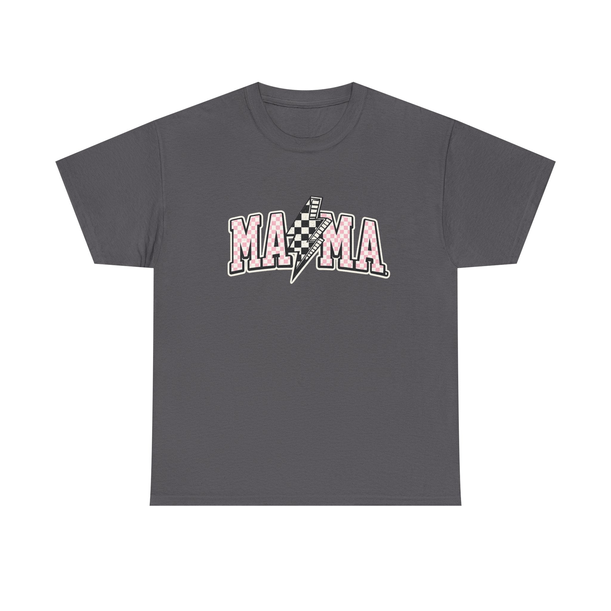 Mama Lightning Bolt Graphic Tee — Pink Checkered "MAMA" Shirt