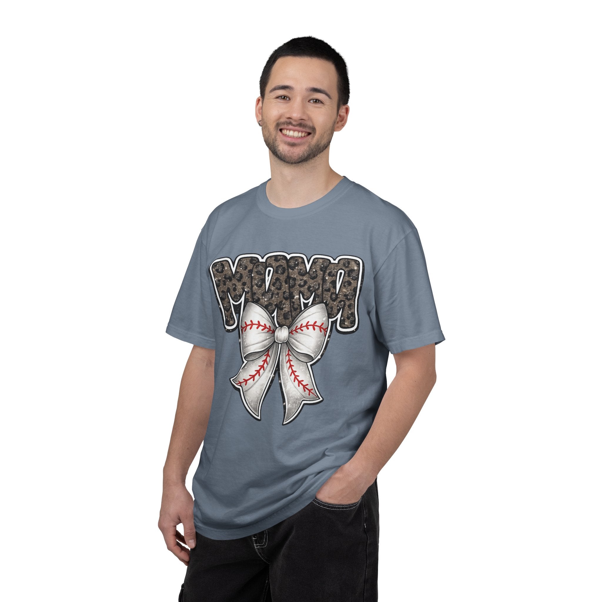 Baseball Mom T-Shirt — Camo Lettering with Baseball Bow